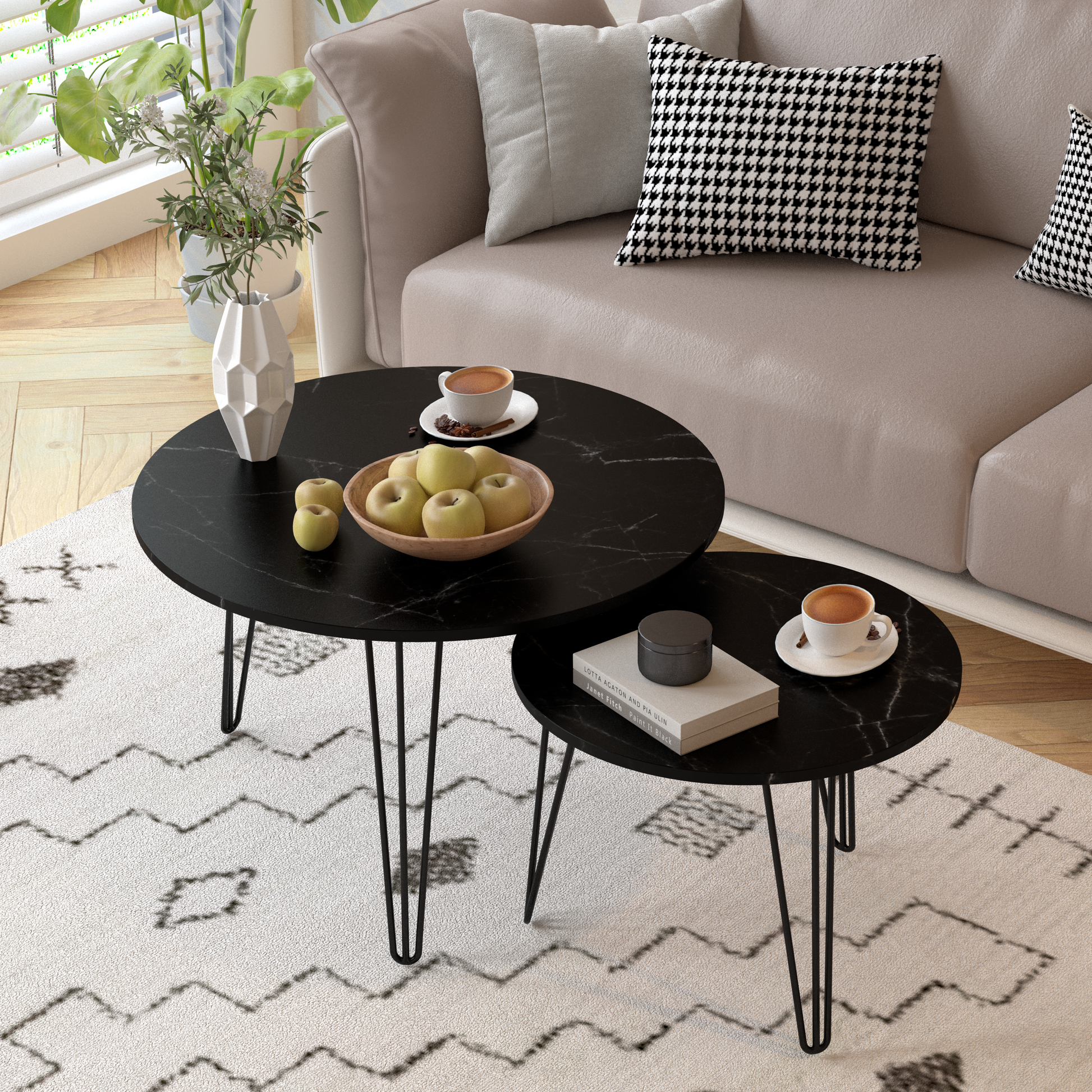 27.56'' Round Nesting Coffee Table Set Of 2, Circular Nesting End Table Set, Round Marble Tabletop, And Sturdy Metal Base For Living Room, Bedroom, Black Black Round Wood Metal