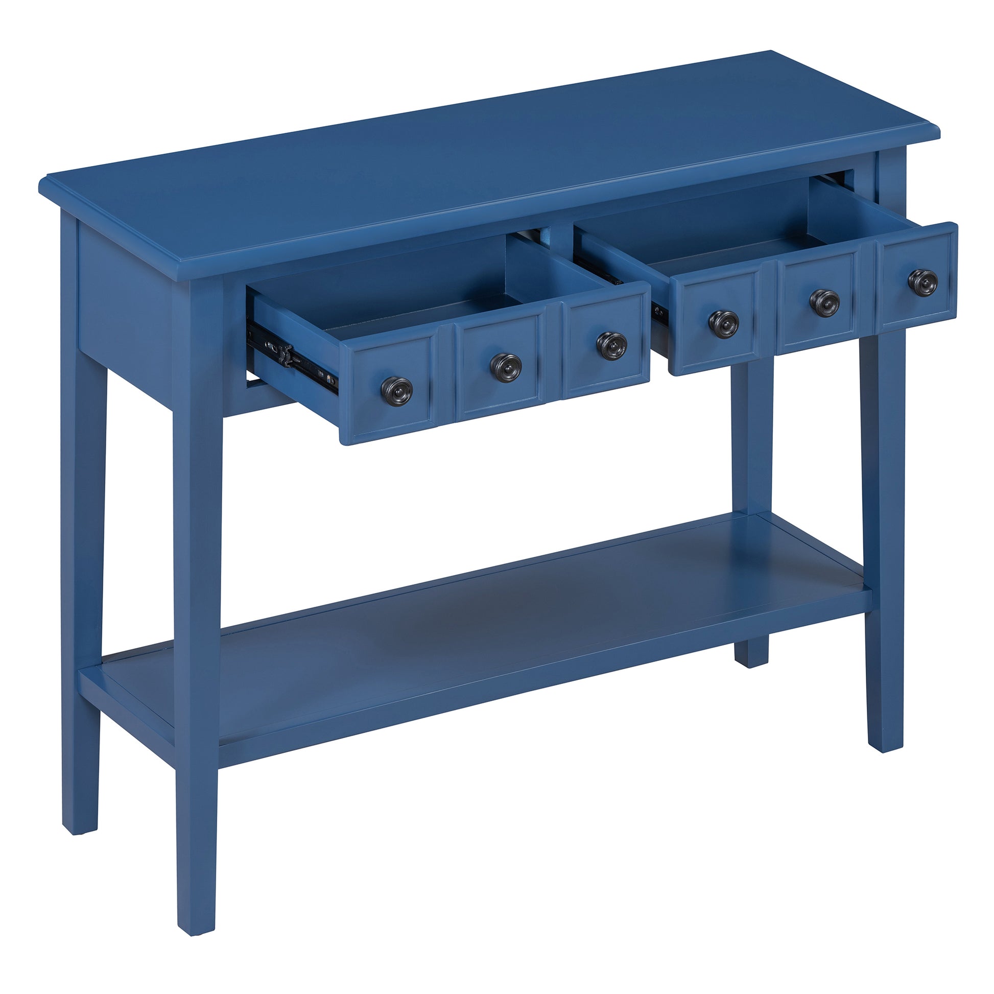Entryway Table With 2 Drawers, Rustic Console Table With Open Shelf And Rubber Wood Legs For Entryways, Living Rooms, And Hallways Navy Navy Mdf,Rubber Wood