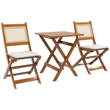 Outsunny 3 Pieces Patio Bistro Set Foldable Wooden Pe Rattan Conversation Furniture Outdoor With Cushions, For Porch, Backyard, Garden, Light Teak Teak Rattan Metal