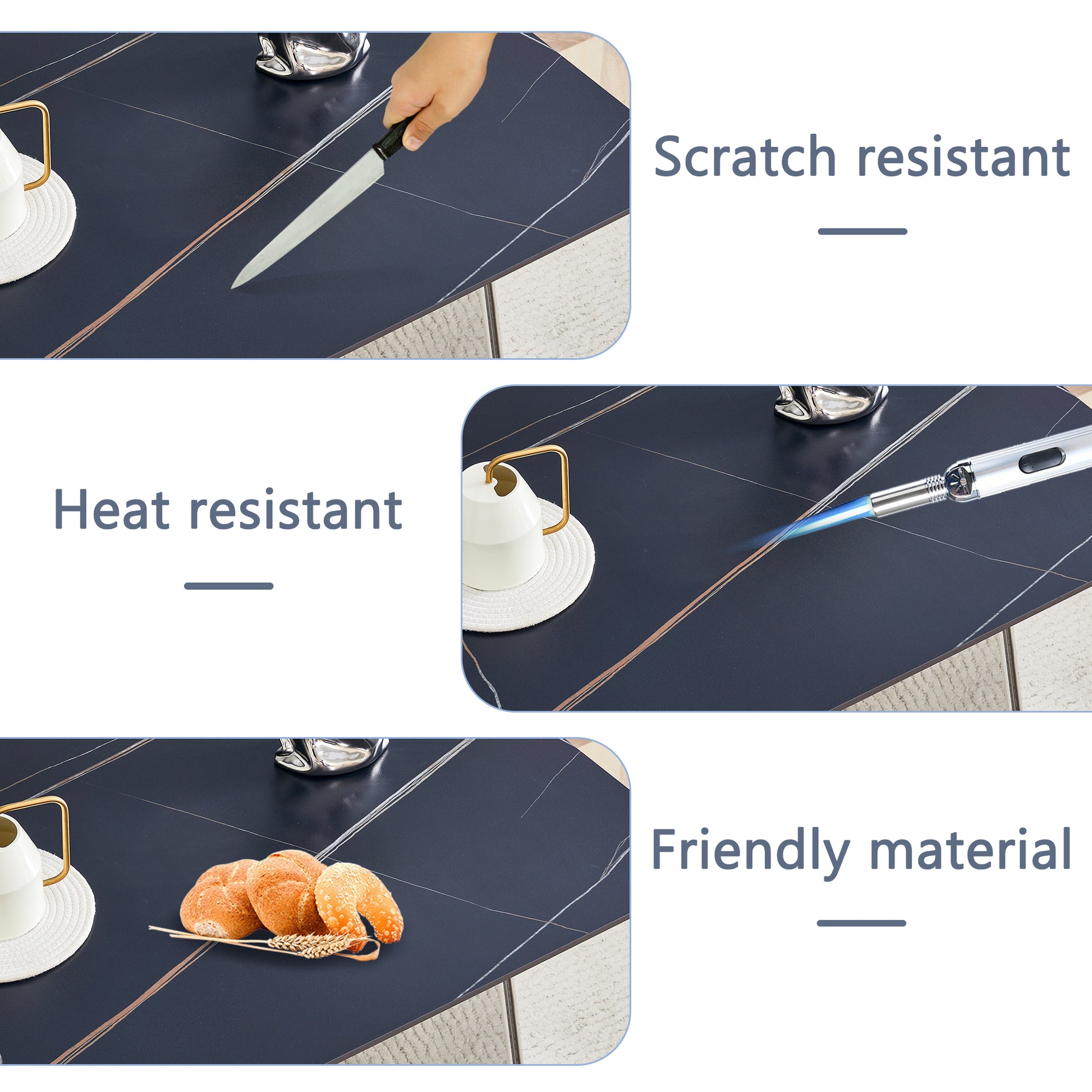 Table And Chair Set.63"X31.5X30" Black Marble Patterned Slabs Tabletop With Stainless Steel Butterfly Legs.Paried With 4 Light Gray High Quality Pu Chairs With Silver Metal Legs. Light Gray,Silver