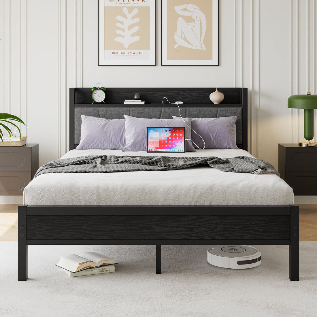 Queen Size Bed Frame, Storage Headboard With Charging Station, Solid And Stable, Noise Free, No Box Spring Needed, Easy Assembly Box Spring Not Required Queen Black Iron Bedroom Bed Frame Metal & Wood