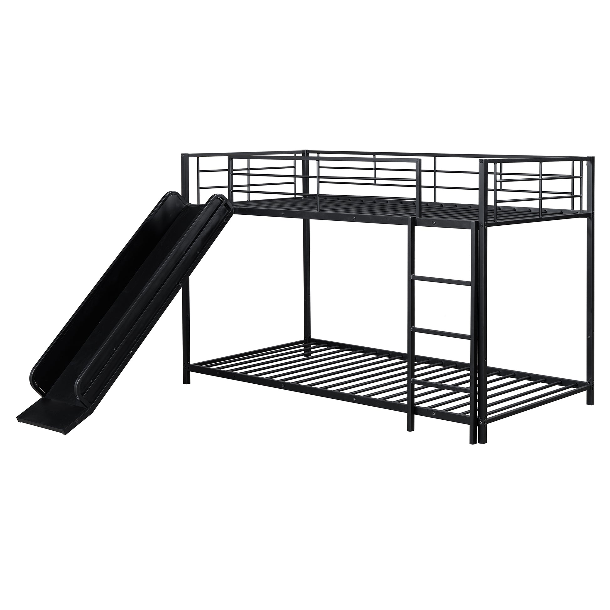 Twin Over Twin Size Metal Bunk Bed With Slide And Guardrails, Black Twin Black Metal