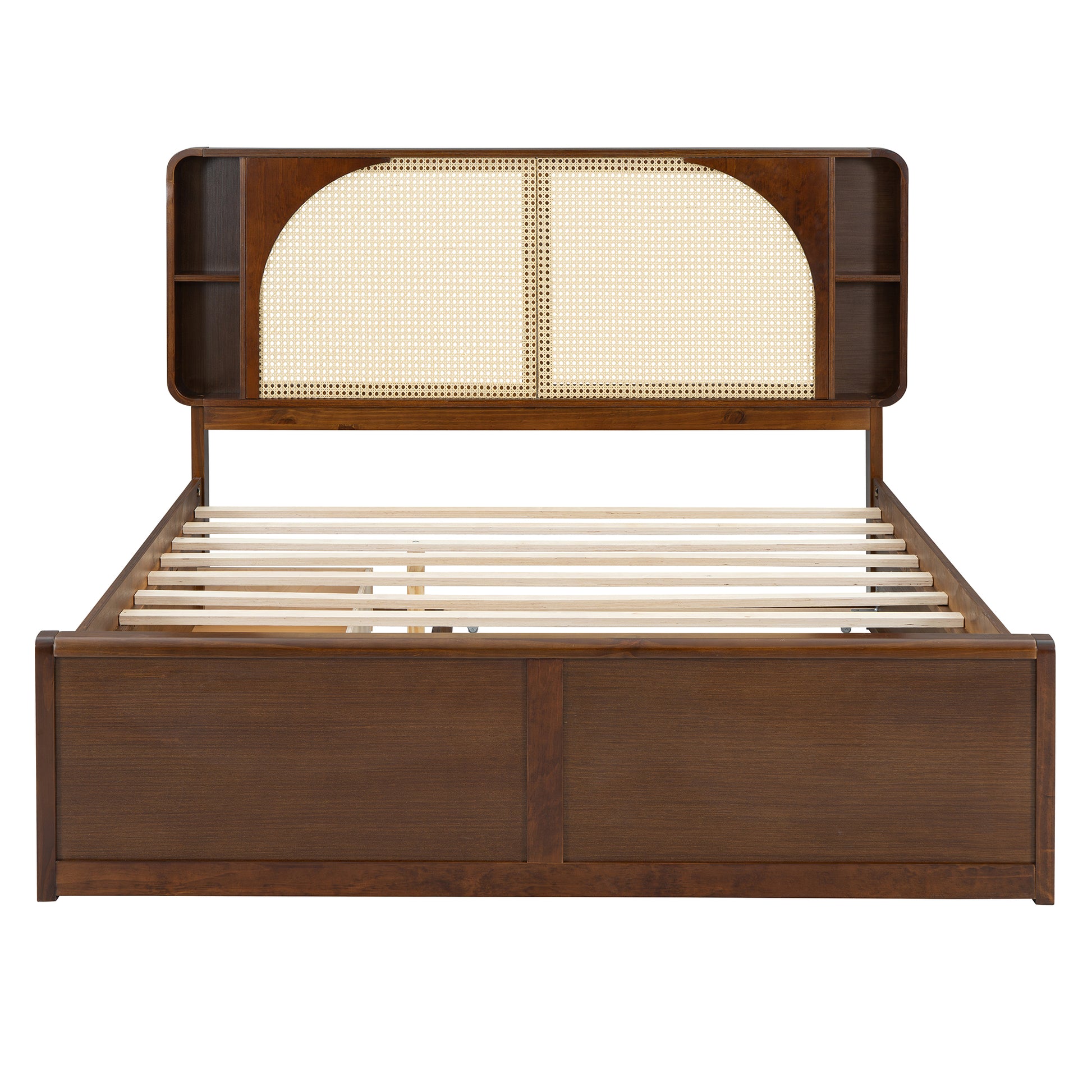 Queen Size Rattan Headboard Bed With Two Drawers And Trundle, Walnut Queen Walnut Solid Wood Mdf