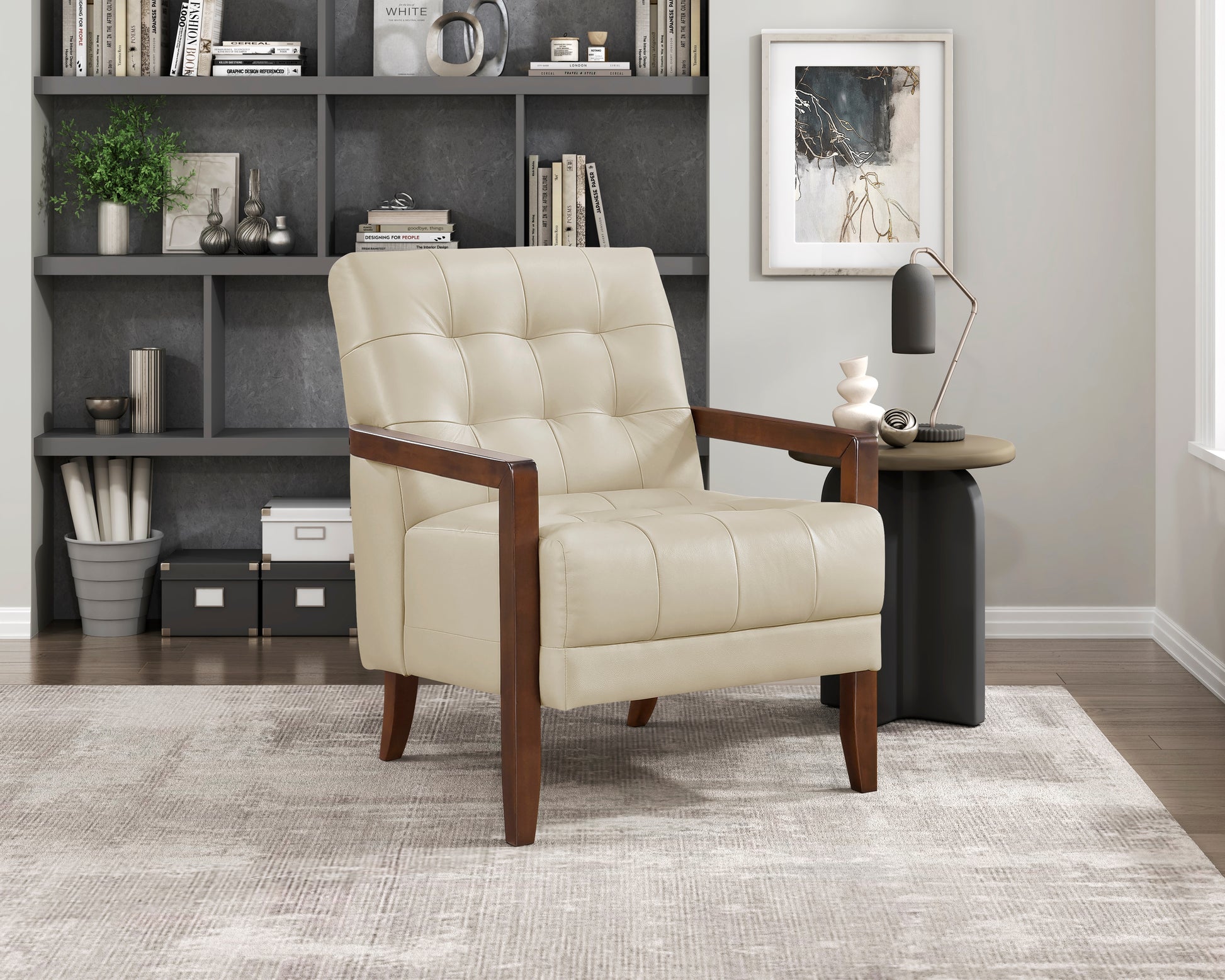 Modern Style Accent Chair Beige Leather Upholstered Tufted Detail Walnut Finish Wood Furniture 1Pc Beige Primary Living Space Contemporary,Modern Plywood