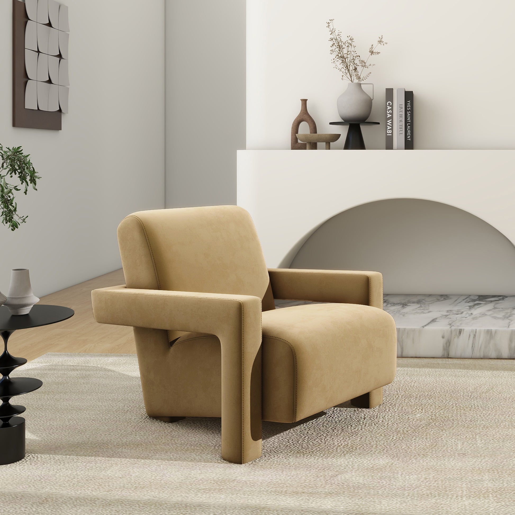 Ethan 28.5" Fully Upholstered Accent Arm Chair, Camel Brown Beige Performance Velvet Beige Foam Velvet