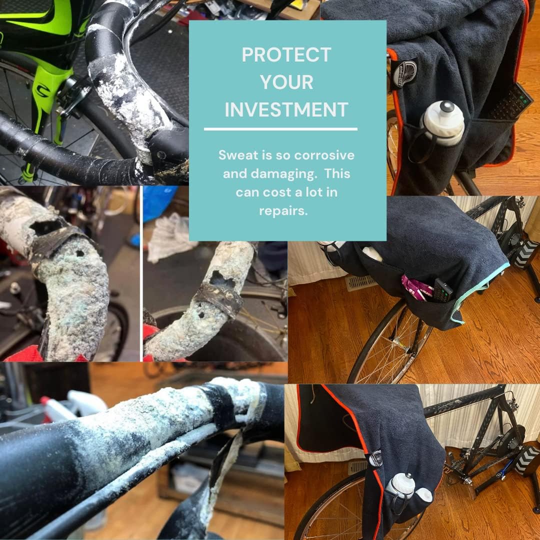 Sweat Protection Towel, Handlebar Sweat Towel For Peloton, Echelon Bike, Bike Trainer Stand, Indoor Cycling Workout Towel With 4 Pocket For Water Bottle Or Phone Holder Black Polyester