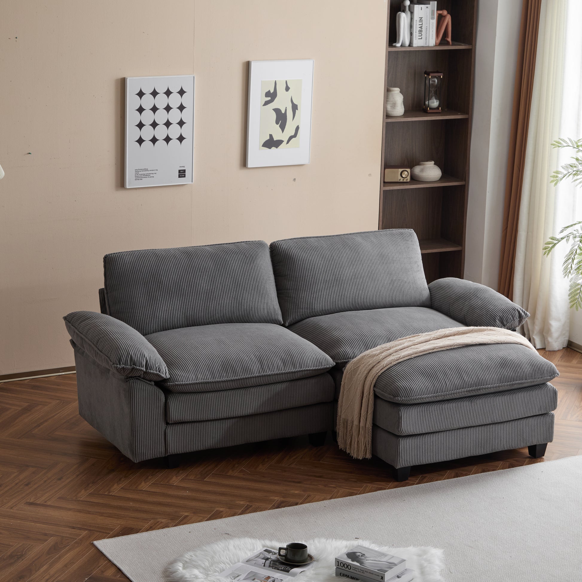 Modular Sectional Sofa With Movable Ottoman,L Shaped Corduroy Fabric Couch With High Supportive & Soft Sponges And Removable Ottoman, Sleeper Comfy Upholstered Furniture For Living Room Grey Grey