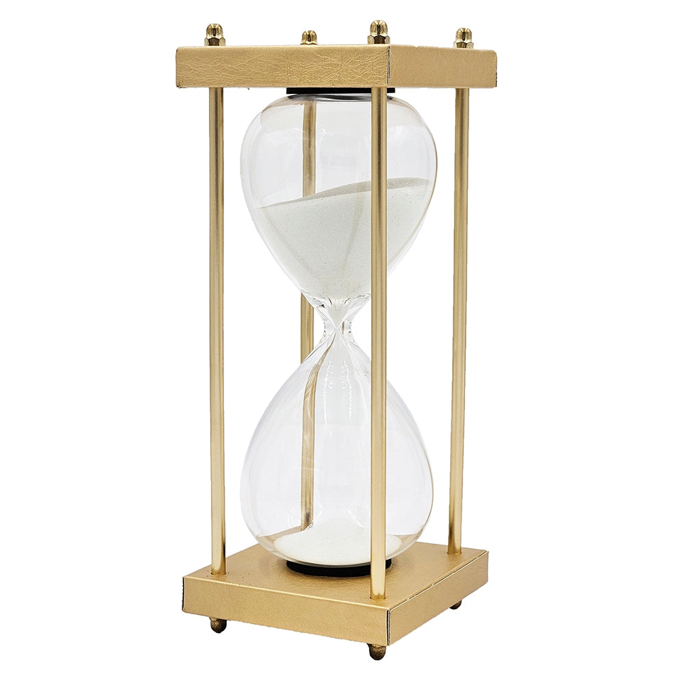 10" Papin Natural 30 Minute Hourglass, Framed With An Metal Stand, Gold&White Gold,White Pu Leather,Wood Metal Glass