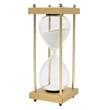 10" Papin Natural 30 Minute Hourglass, Framed With An Metal Stand, Gold&White Gold,White Pu Leather,Wood Metal Glass