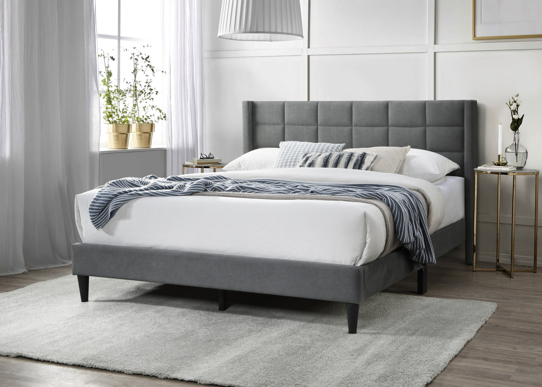 Elegant Modern Gray Brushed Linen 1Pc Queen Size Bed Upholstered Box Design Headboard Bedframe Box Spring Not Required Queen Gray Wood Bedroom Contemporary,Modern Bed Frame Linen Linen