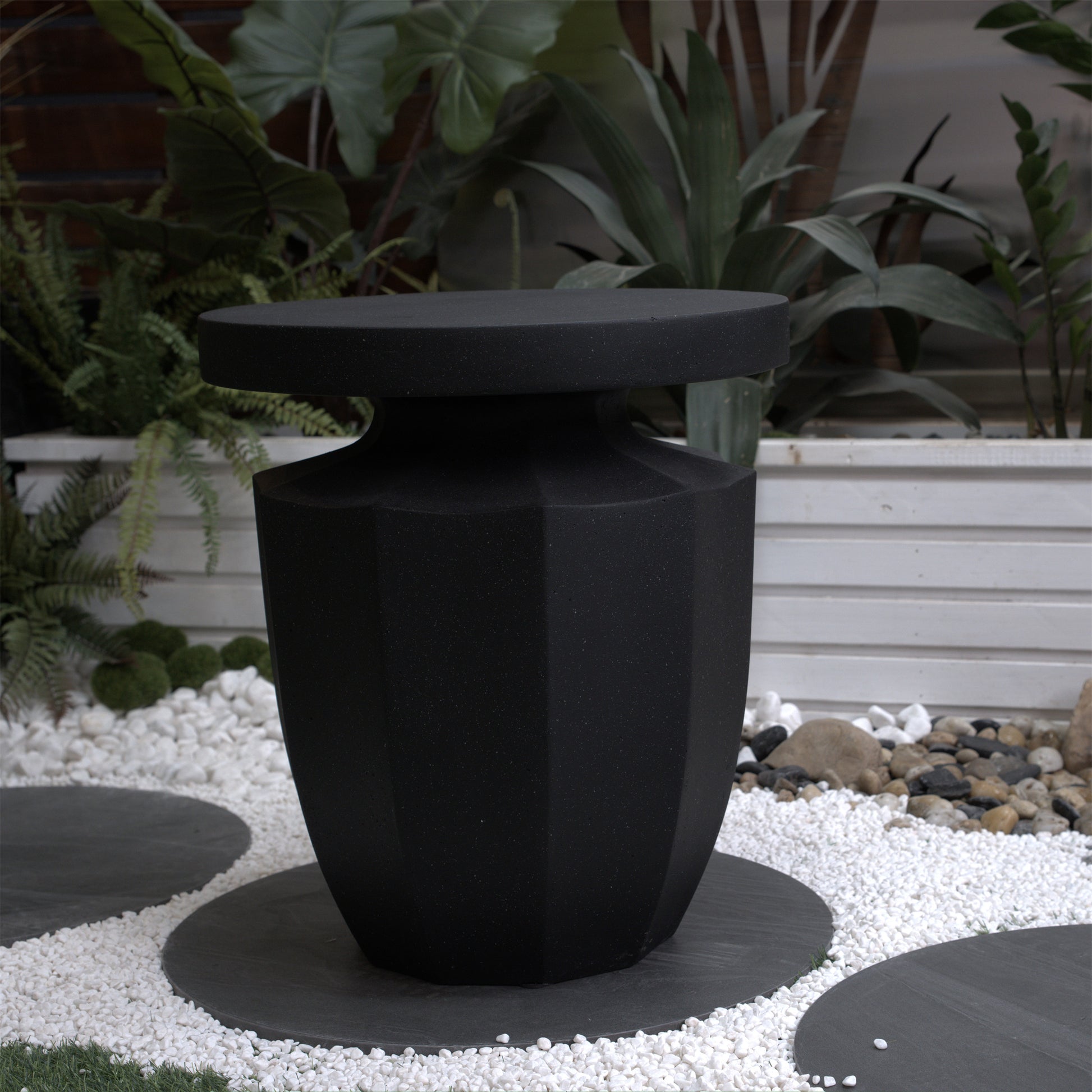 Decorative Garden End Table, 20.3" H Modern Heavy Duty Patio Sturdy Faux Terrazzo Accent Table Side Table Plant Table For Indoor Outdoor Black Magnesium Oxide