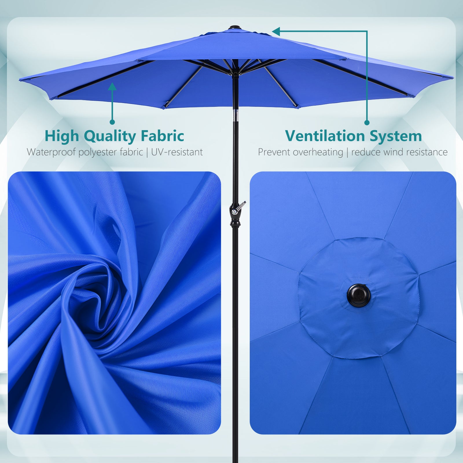 9 Foot Outdoor Patio Umbrella With Button Tilt And Crank, Outdoor Patio Market Table Umbrella Uv Protected And Waterproof, Blue Blue Polyester