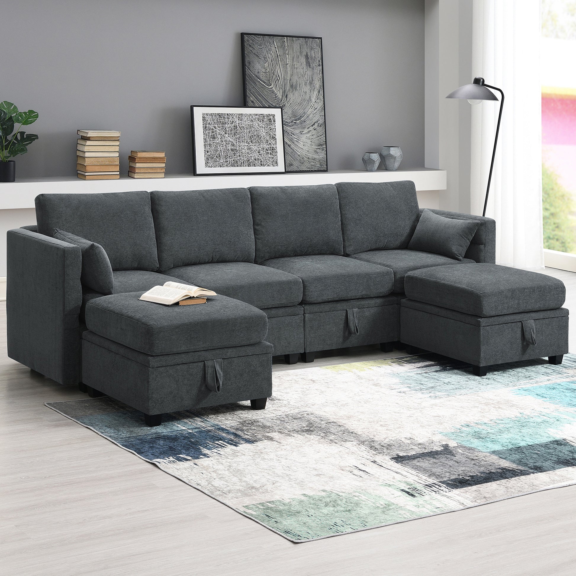 109*54.7" Chenille Modular Sectional Sofa,U Shaped Couch With Adjustable Armrests And Backrests,6 Seat Reversible Sofa Bed With Storage Seats For Living Room, Apartment,2 Colors Grey Chenille 6 Seat