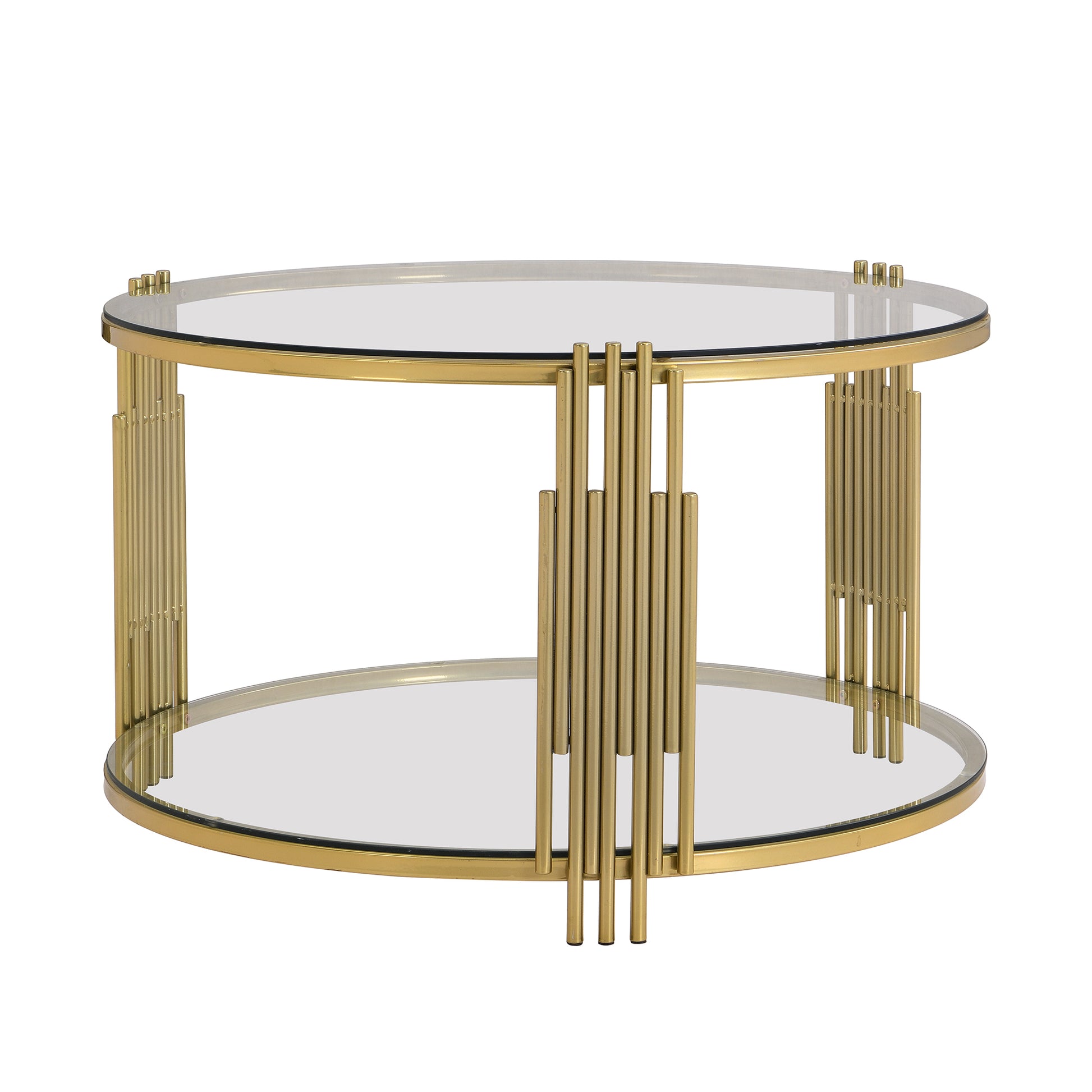 Modern Glass Coffee Table In 31.5", Asymmetrical Metal, Circular Metal Drum Base, Gold Finish & Lower Shelf Transparent Tempered Glass
