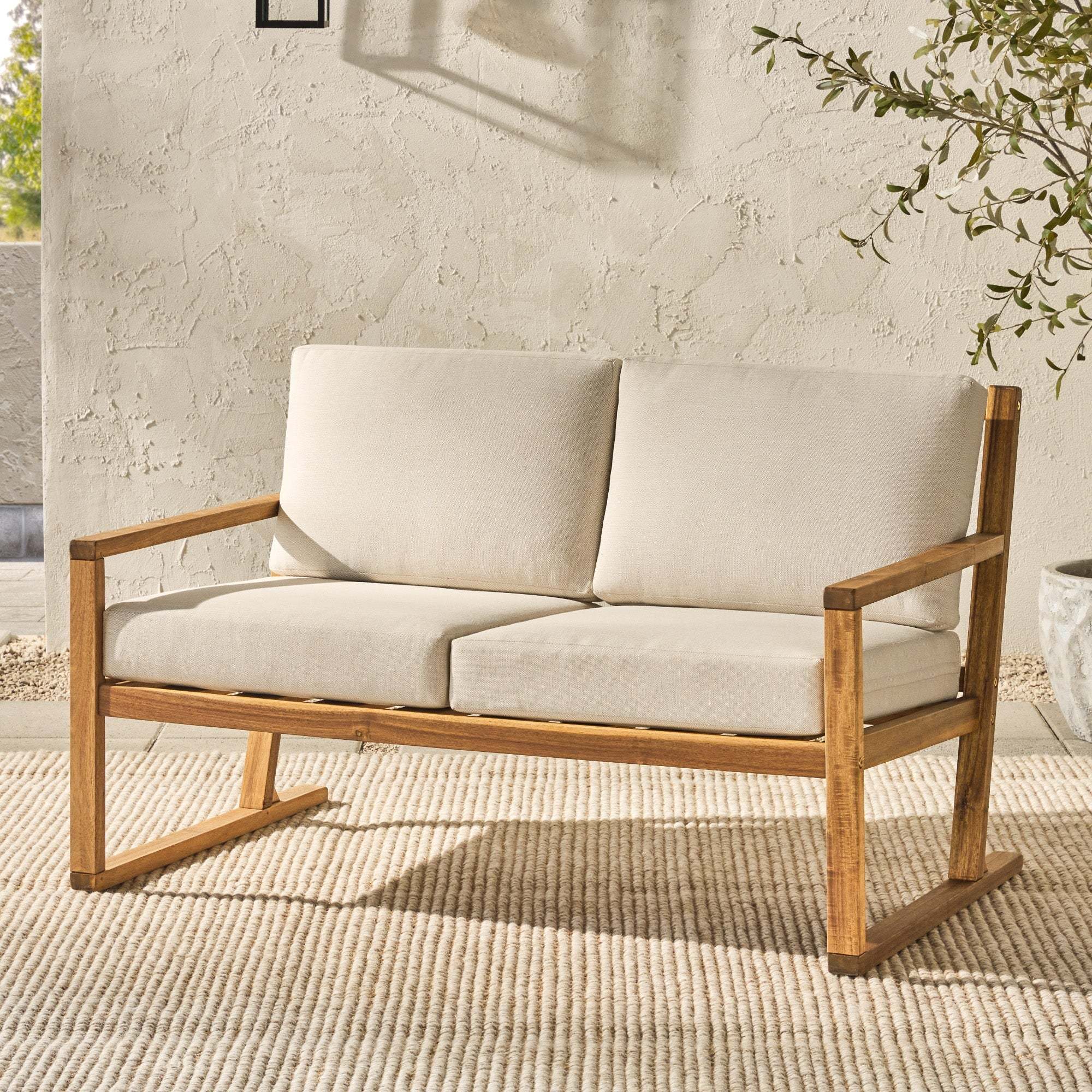 Contemporary Solid Wood Slat Back Patio Loveseat Natural Natural Wood Acacia Wood