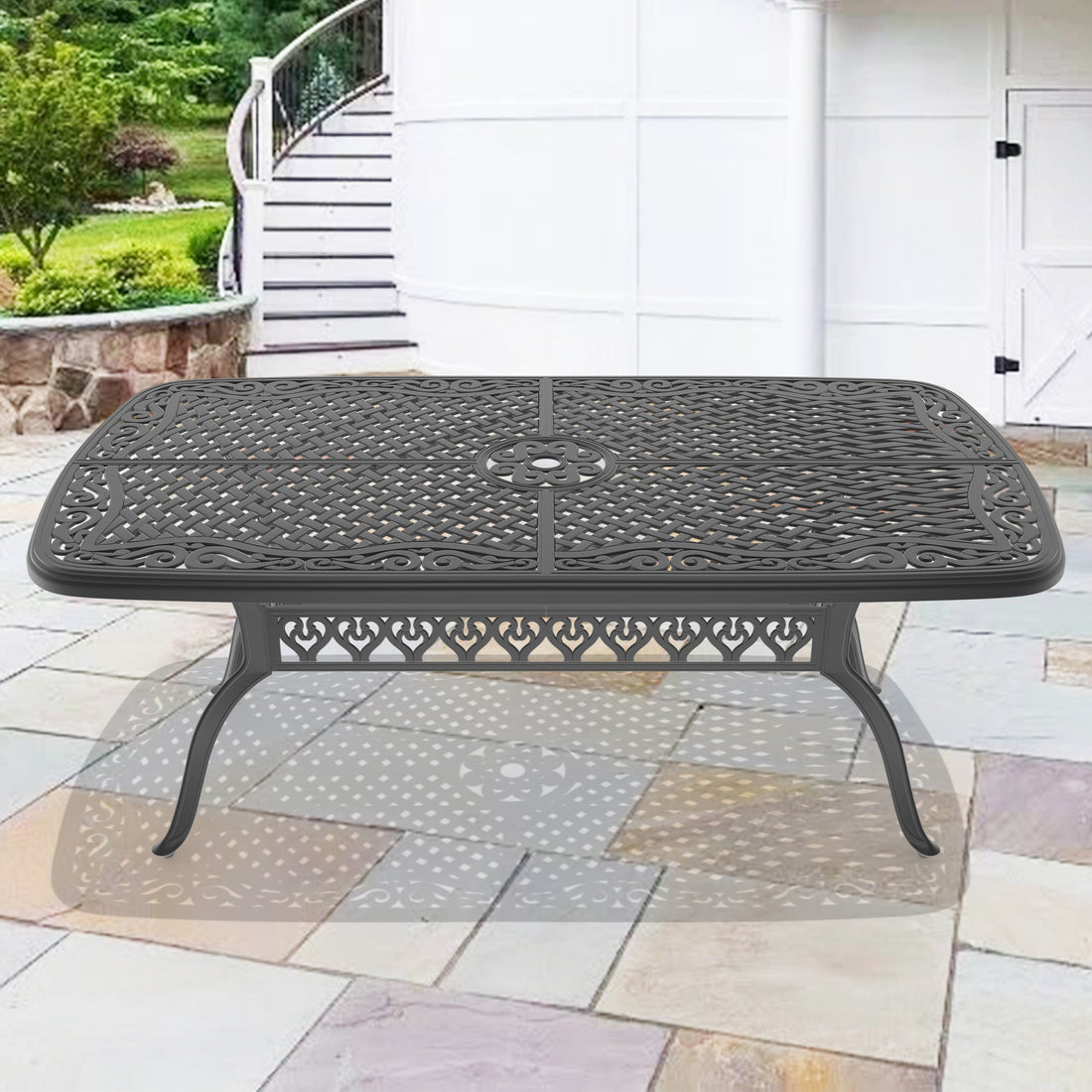 L72.44*W38.58 Inch Cast Aluminum Patio Dining Table With Black Frame And Umbrella Hole Complete Patio Set Black Rust Resistant Frame Garden & Outdoor Complete Patio Sets Aluminium