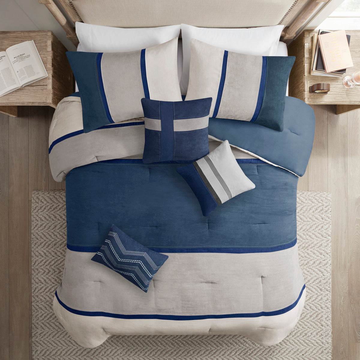 7 Piece Faux Suede Comforter Set Blue King King Blue Polyester
