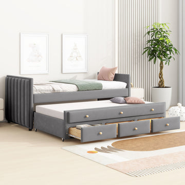 Twin Size Upholstered Daybed With Twin Size Trundle And Drawers, Velvet, Gray Box Spring Not Required Twin Gray Velvet