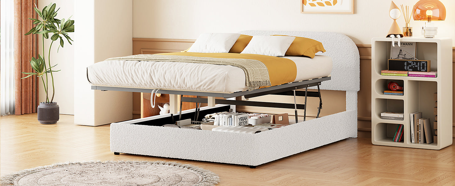 Teddy Fleece Full Size Upholstered Platform Bed With Hydraulic Storage System, White Full White Teddy