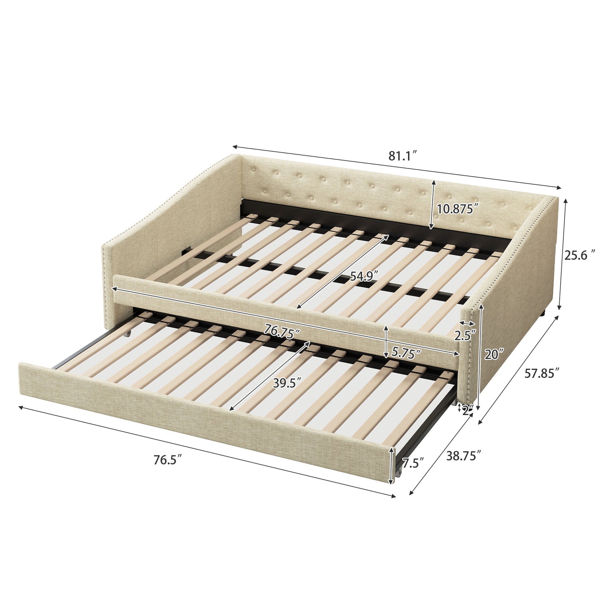 Full Size Daybed With Twin Size Trundle Upholstered Tufted Sofa Bed, With Button On Back And Copper Nail On Waved Shape Arms Beige Full Beige Wood Fabric