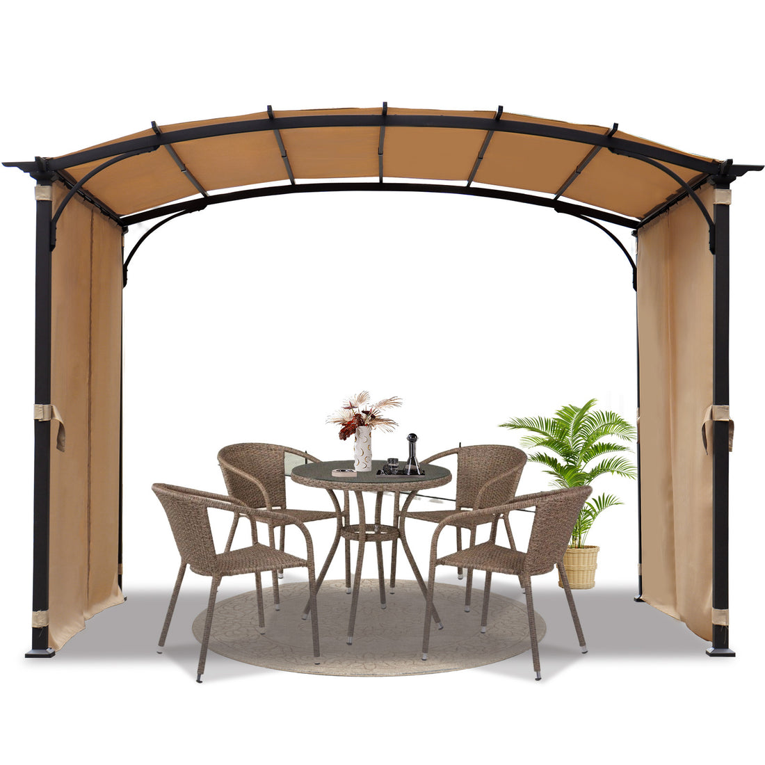 Patio Pergola 9 X 11Ft Arched Gazebo With Waterproof Sun Shade Shelter Awning Steel Frame Grape Gazebo For Garden Backyard Khaki Steel