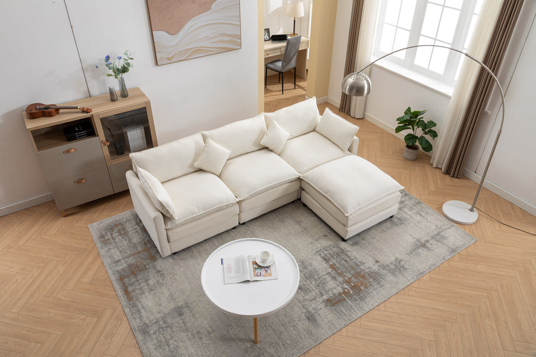 Modular Sectional Sofa, 3 Seater Sofa With Ottoman, Modern L Shaped Sofa For Living Room Bedroom Apartment White Chenille 3 Seat