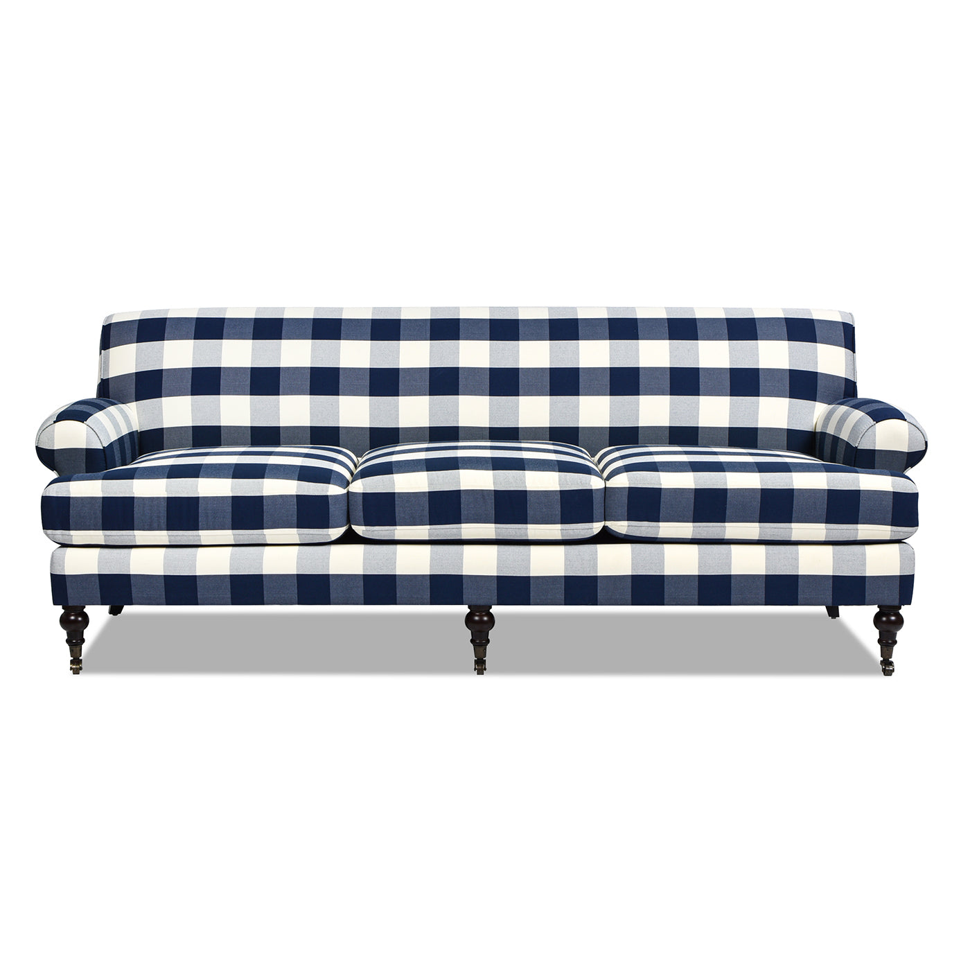 Alana Lawson Three Cushion Tightback Sofa, Blue Lattice Woven Blue Plaid Foam Fabric 3 Seat