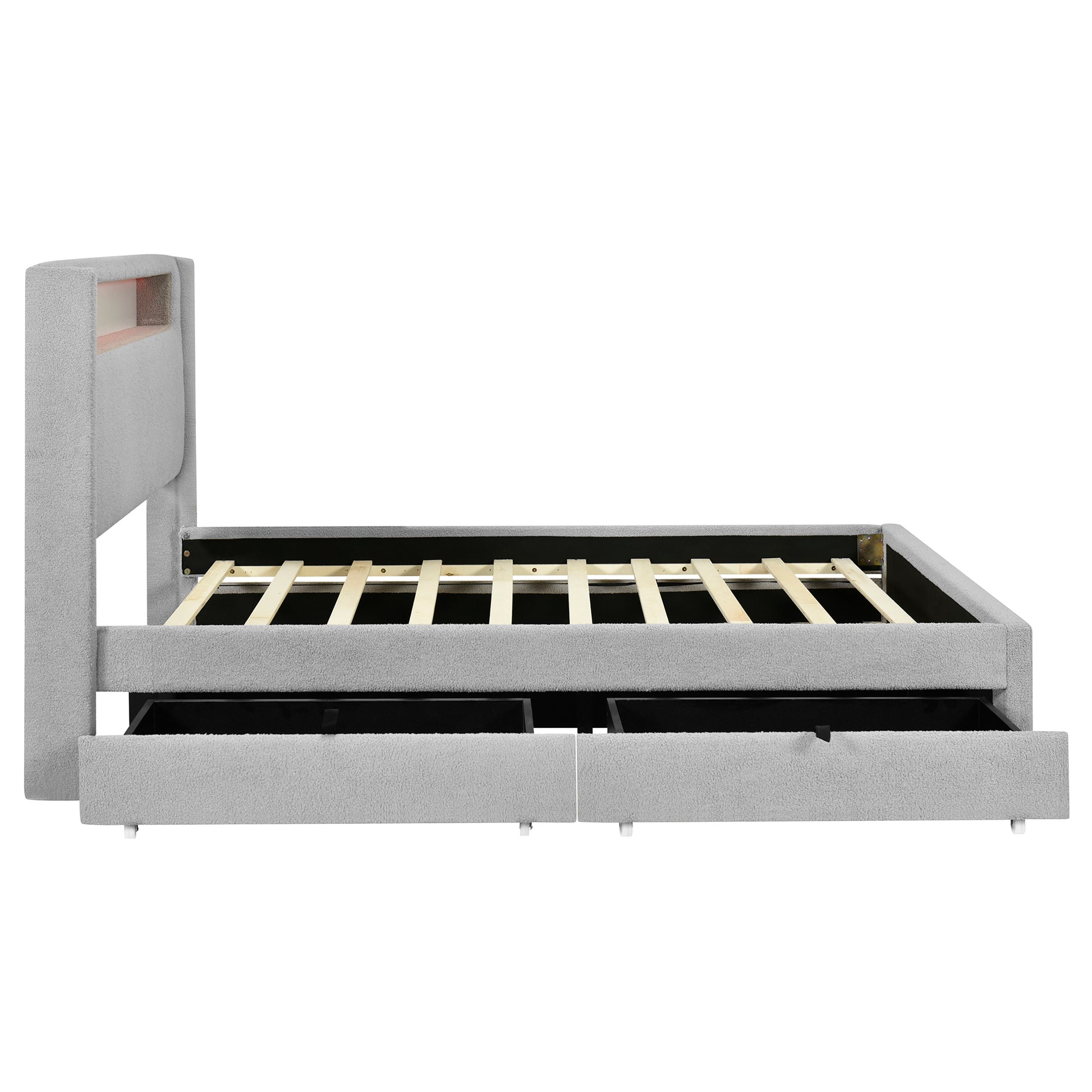 Queen Size Upholstered Platform Bed With Led Frame, With Twin Xl Size Trundle And 2 Drawers, Teddy Fleece, Gray Gray Fleece