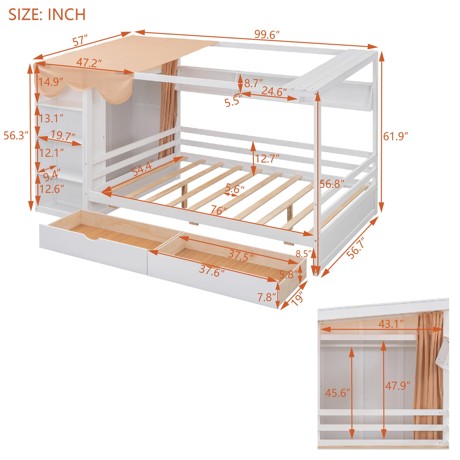 Full Size House Bed With Two Drawers And Wardrobe,White Full White Solid Wood