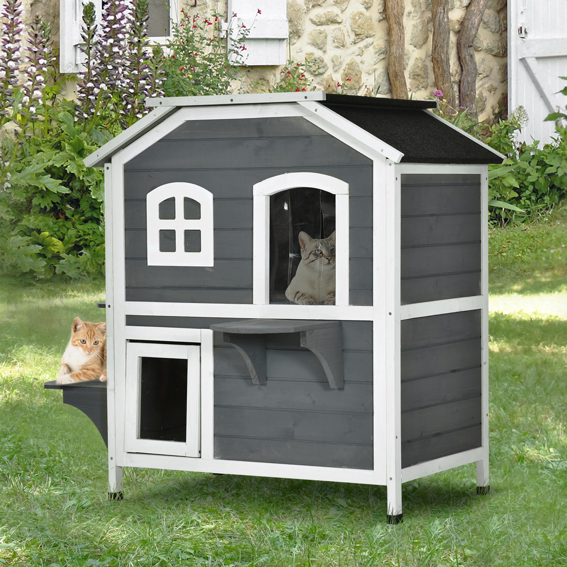 Pawhut 2 Story Cat House Outdoor, Weatherproof Wooden Cat Enclosure For Feral Cats With Escape Door, Openable Roof, Jumping Platforms, Gray Gray Wood