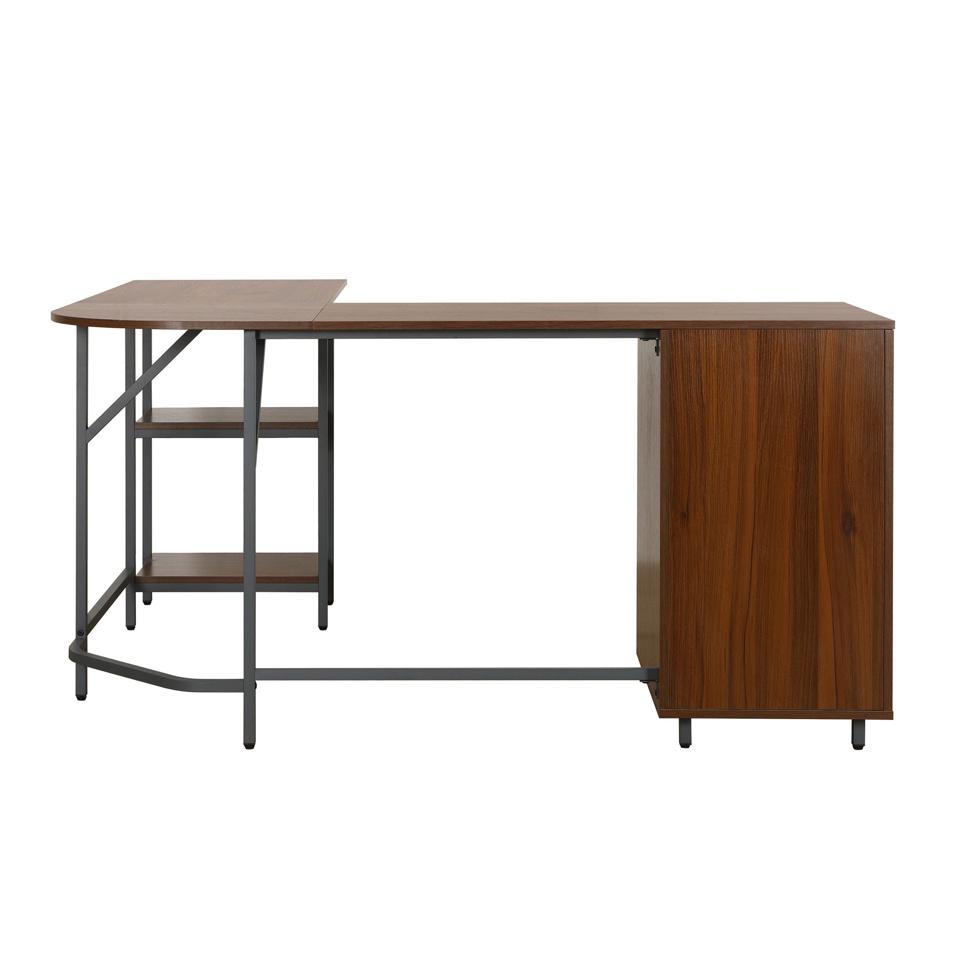 Techni Mobili L Shape Home Office Two Tone Desk With Storage, Walnut Walnut Computer Desk Office Modern L Shape Computer Tables Rectangular Engineered Wood