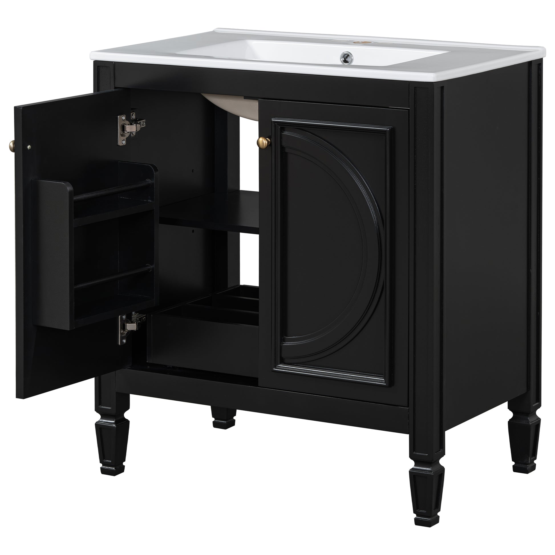 30" Bathroom Vanity With Sink, Two Doors With Shelf, Soft Close Door Hinges, Vintage Style, Black Black Ceramic Mdf,Rubber Wood