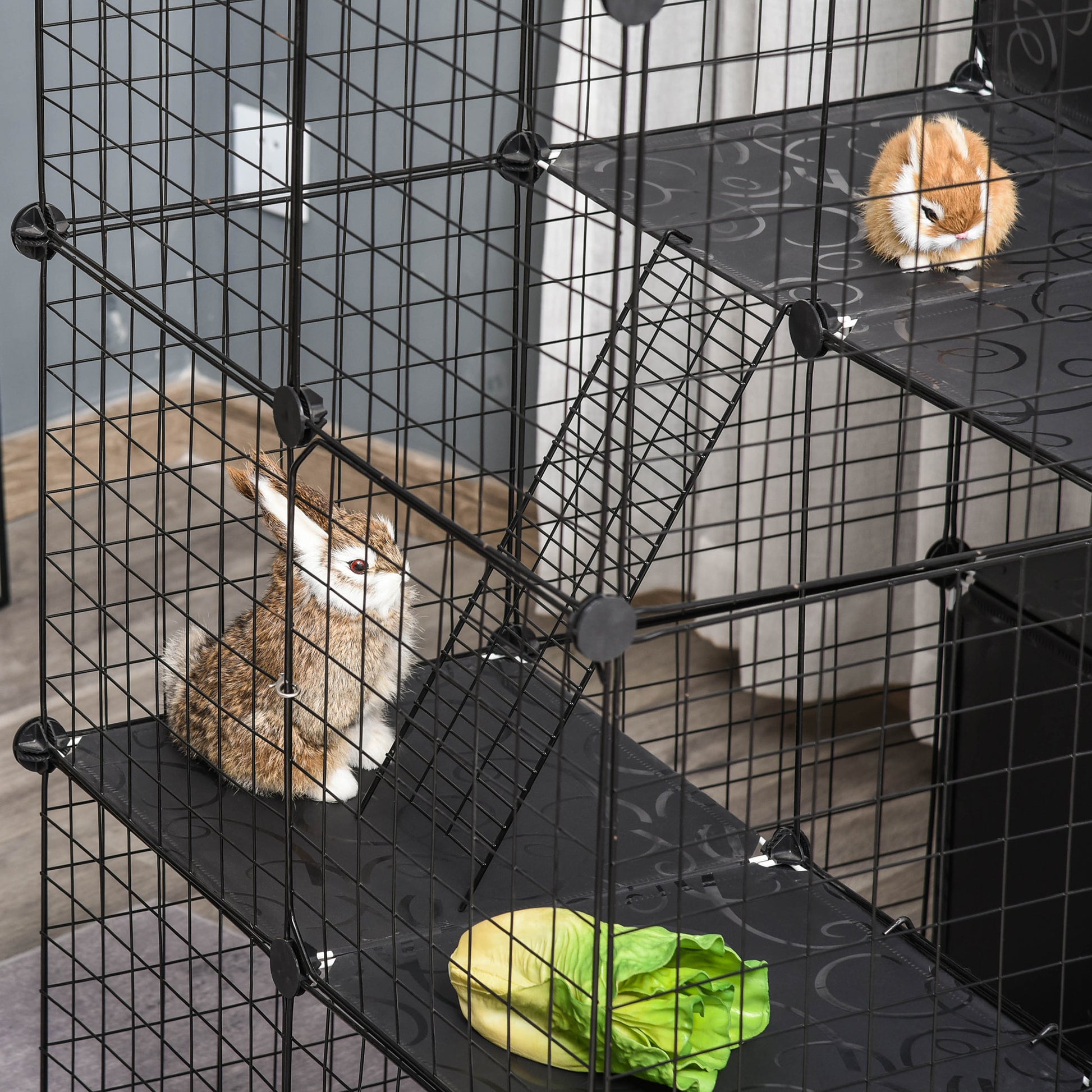 Pawhut Pet Playpen Small Animal Cage 56 Panels With Doors, Ramps And Storage Shelf For Rabbit, Kitten, Chinchillas, Guinea Pig And Ferret Black Metal