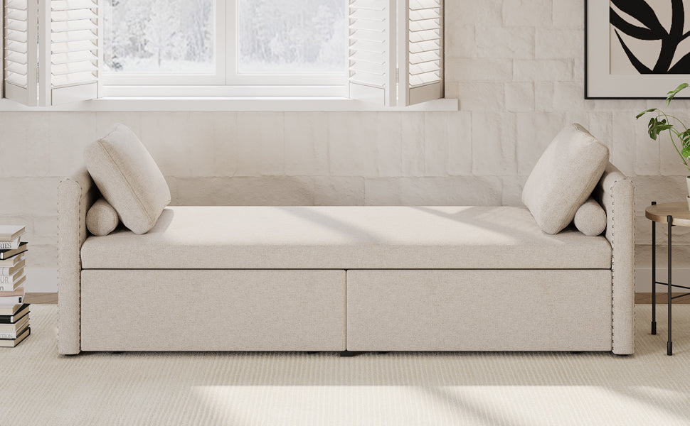 Modern Upholstered Chaise Lounger Daybed Small Single Daybed With 2 Drawers, No Mattress Needed, Perfect For Living Rooms & Home Office, Linen Fabric, Beige Beige Linen