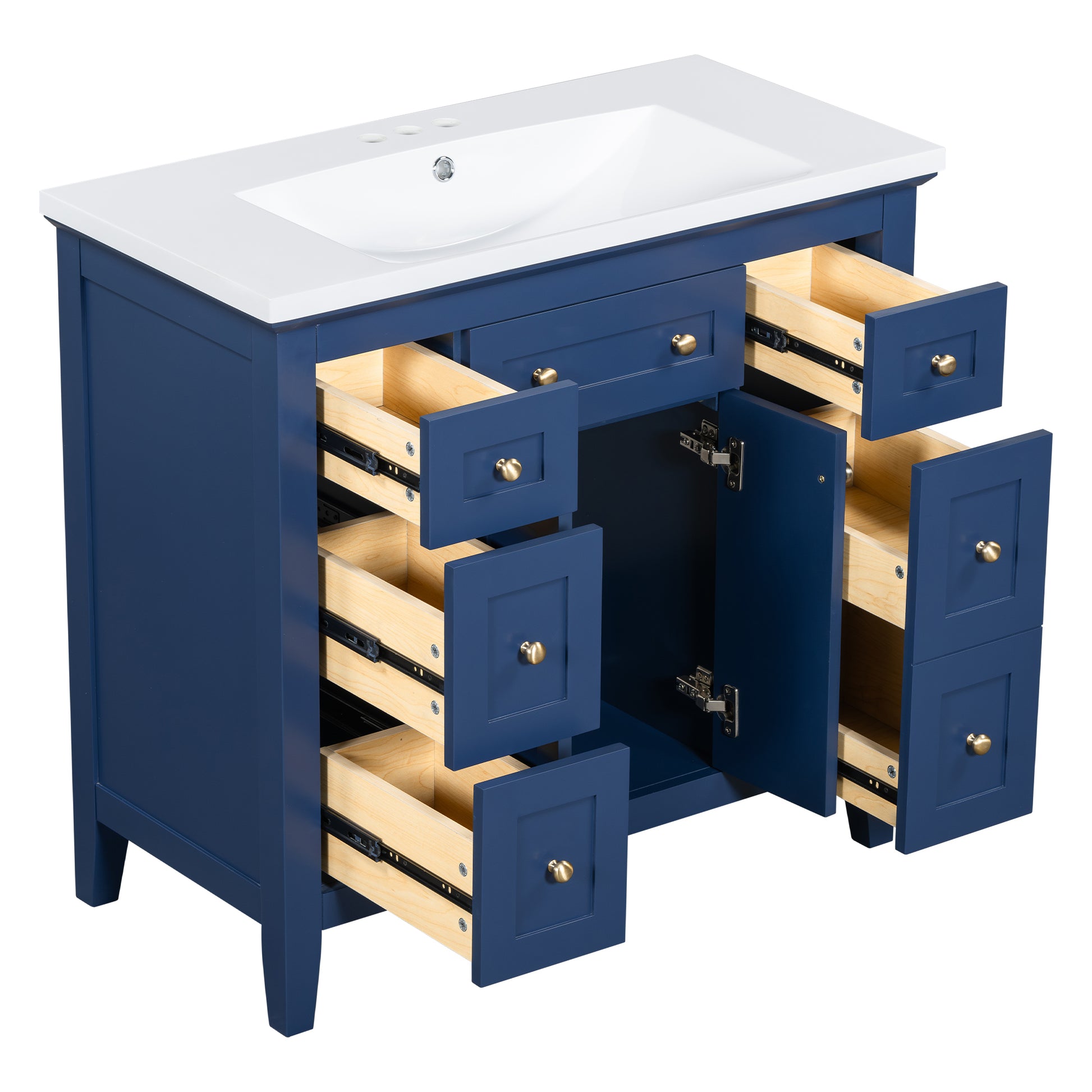 36'' Bathroon Vanity With Resin Sink Combo Set, Modern Freestanding Single Bathroom Cabinet With 6 Drawers & 2 Cabinets, Storage Cabinet For Bathroom, Solid Wood Frame Vanity Set, Blue 4 Blue 2 2 Bathroom Freestanding Solid Wood Mdf Resin Painted