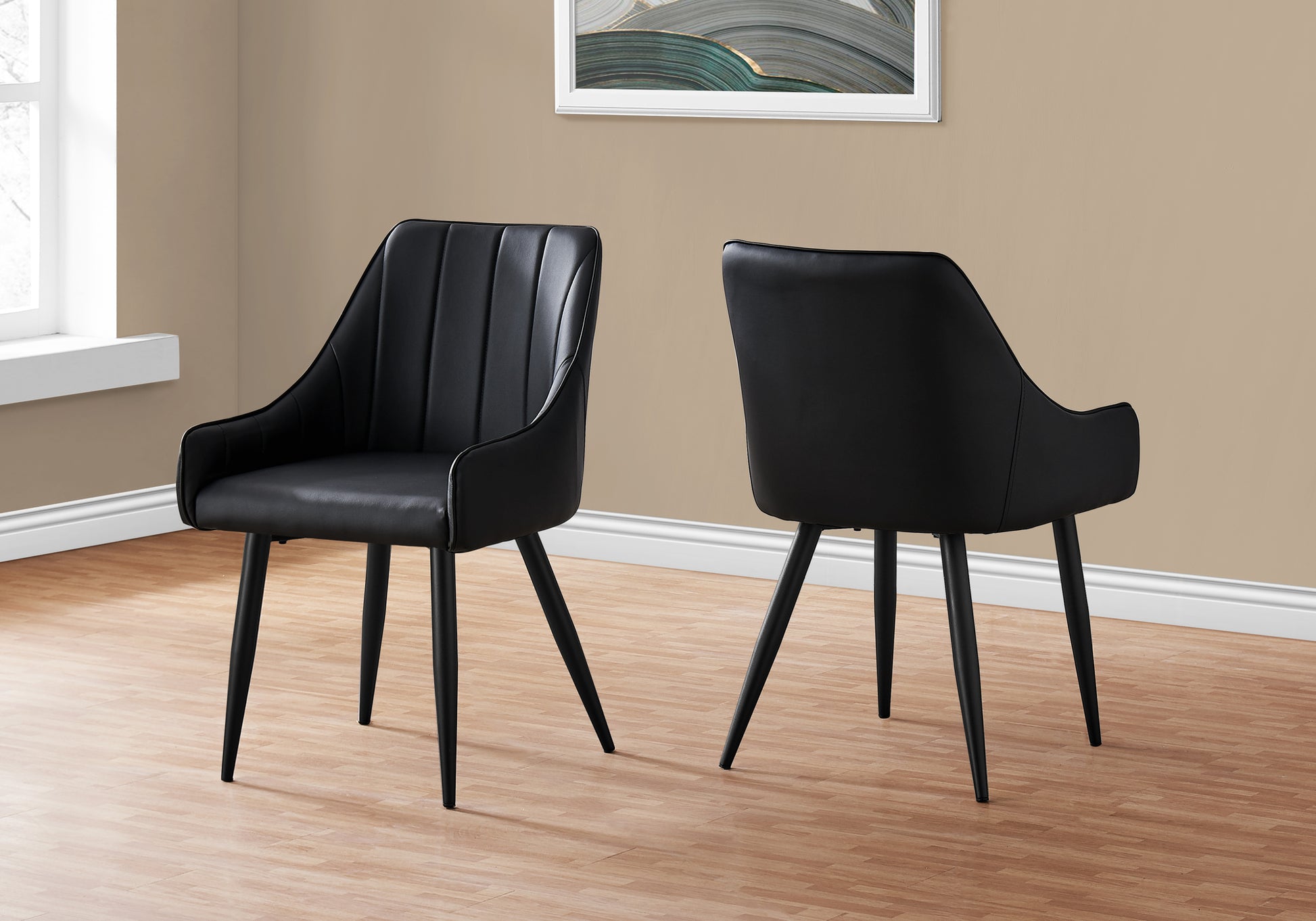 Dining Chair, Set Of 2, Side, Upholstered, Kitchen, Dining Room, Black Leather Look, Black Metal, Contemporary, Modern Black Foam Faux Leather