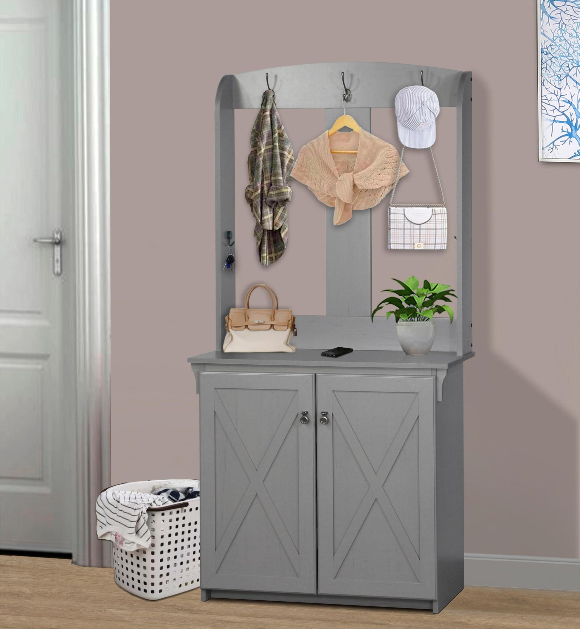 Hall Tree & Cabinet "Sophisticated Cape Code Gray Hall Tree With Bench And Shoe Storage Elegant Entryway Organizer With Adjustable Shelves" Gray Solid Wood