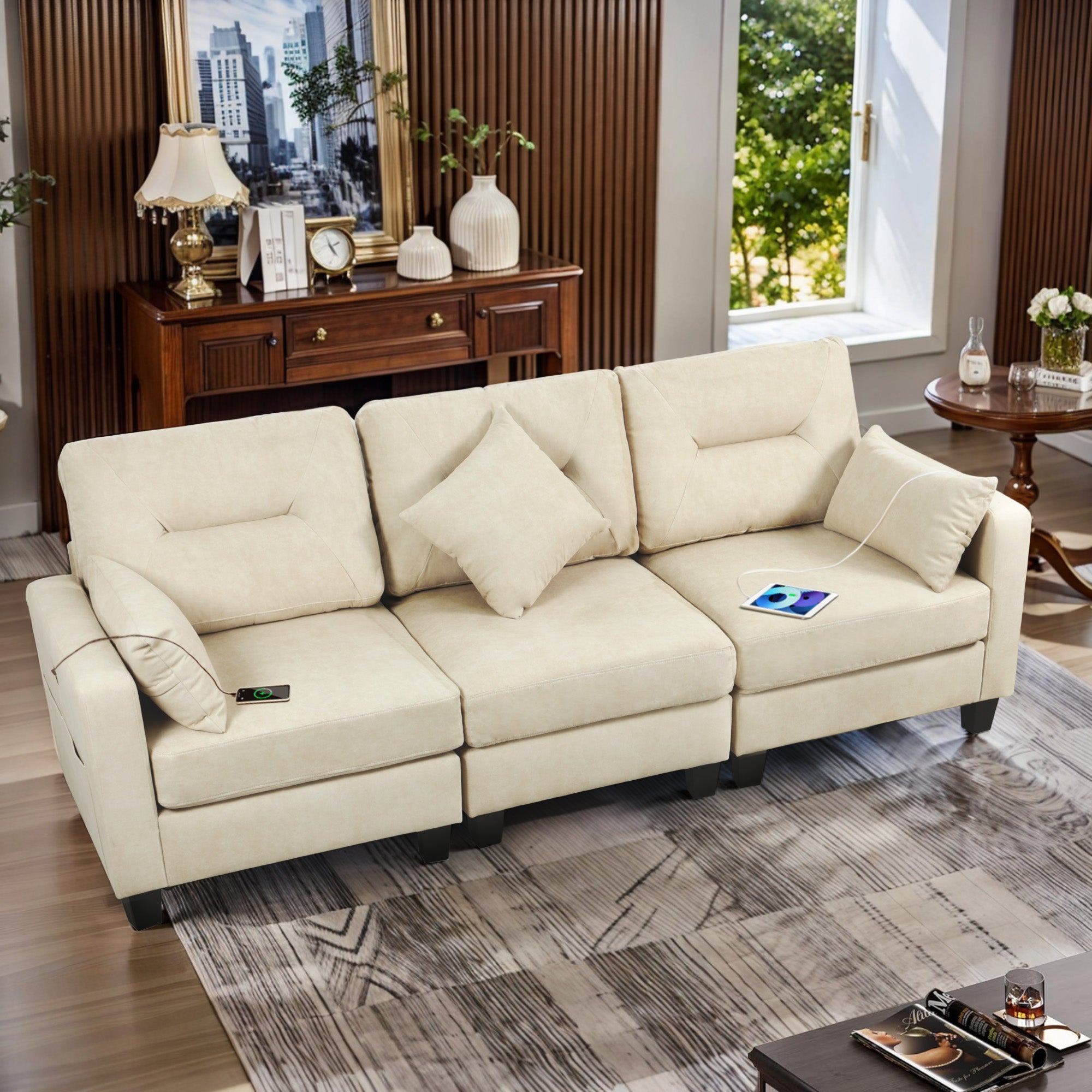 Oversized 86.1'' L Shaped Modular Sectional Couches With Usb Ports, Lumbar Pillows Beige Velvet Wood Primary Living Space Medium Soft Cushion Back Extra Heavy Duty Foam Foam Spring 5 Seat