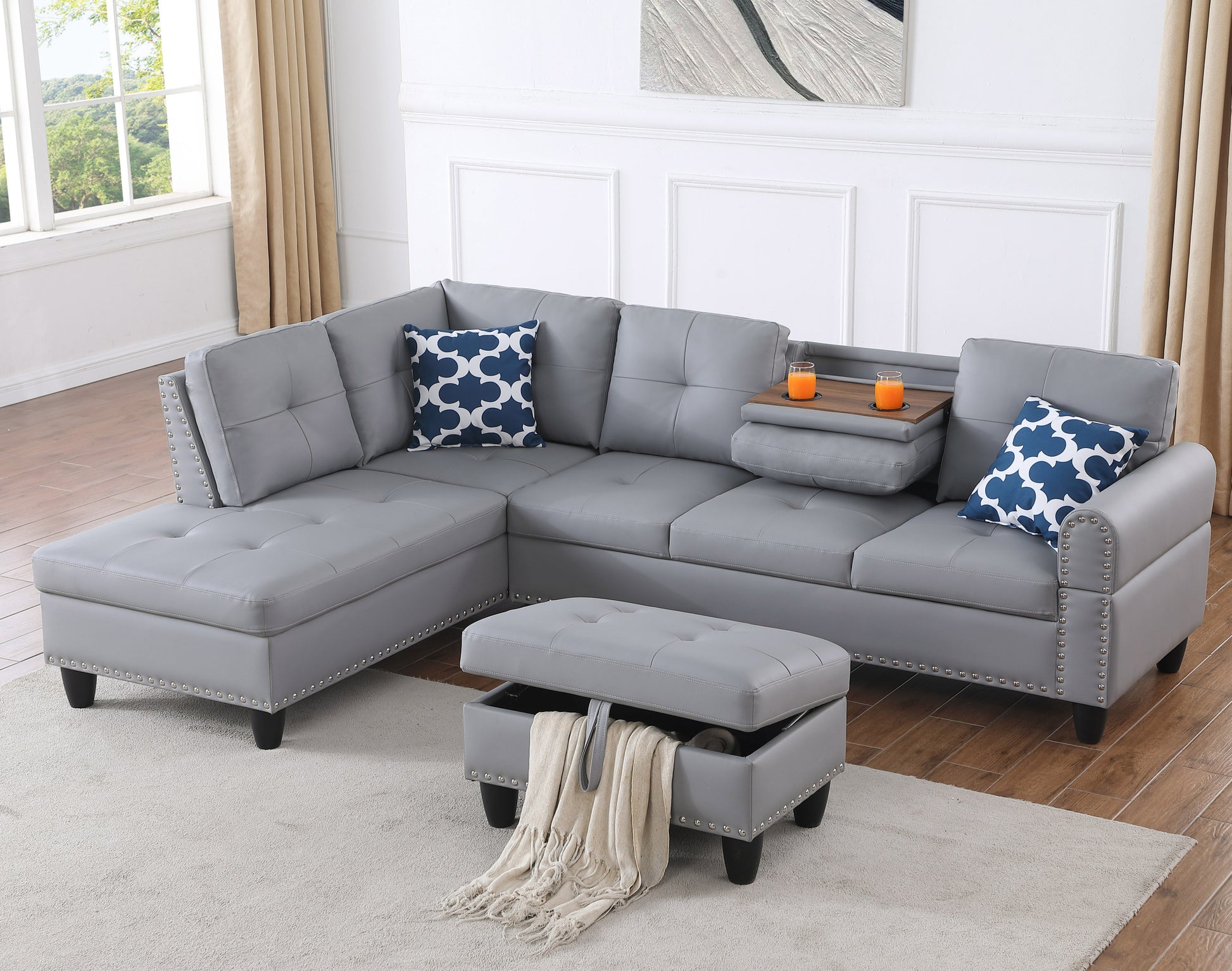 Irine Faux Leather Sectional Sofa With Ottoman Gray Faux Leather Medium Firm Cushion Back Contemporary Foam Faux Leather 3 Seat