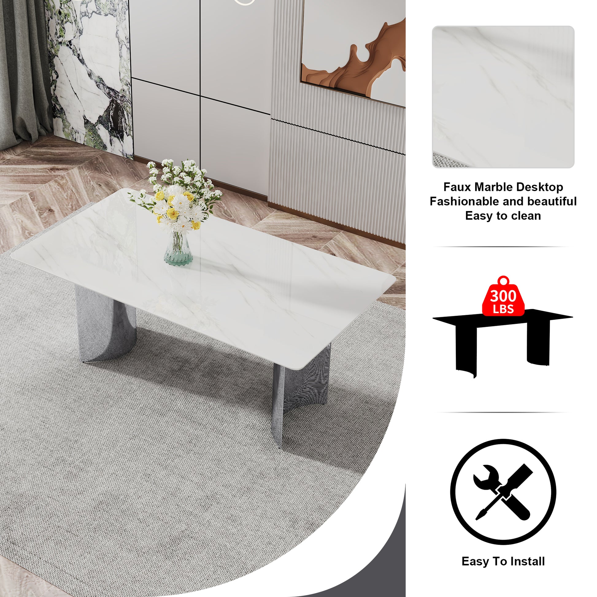 Table And Chair Set, Modern And Minimalist Dining Table. Imitation Marble Glass Sticker Desktop, Stainless Steel Legs, Stable And Beautiful. Comfortable Pu Seats. Dt 69 White Silver Glass