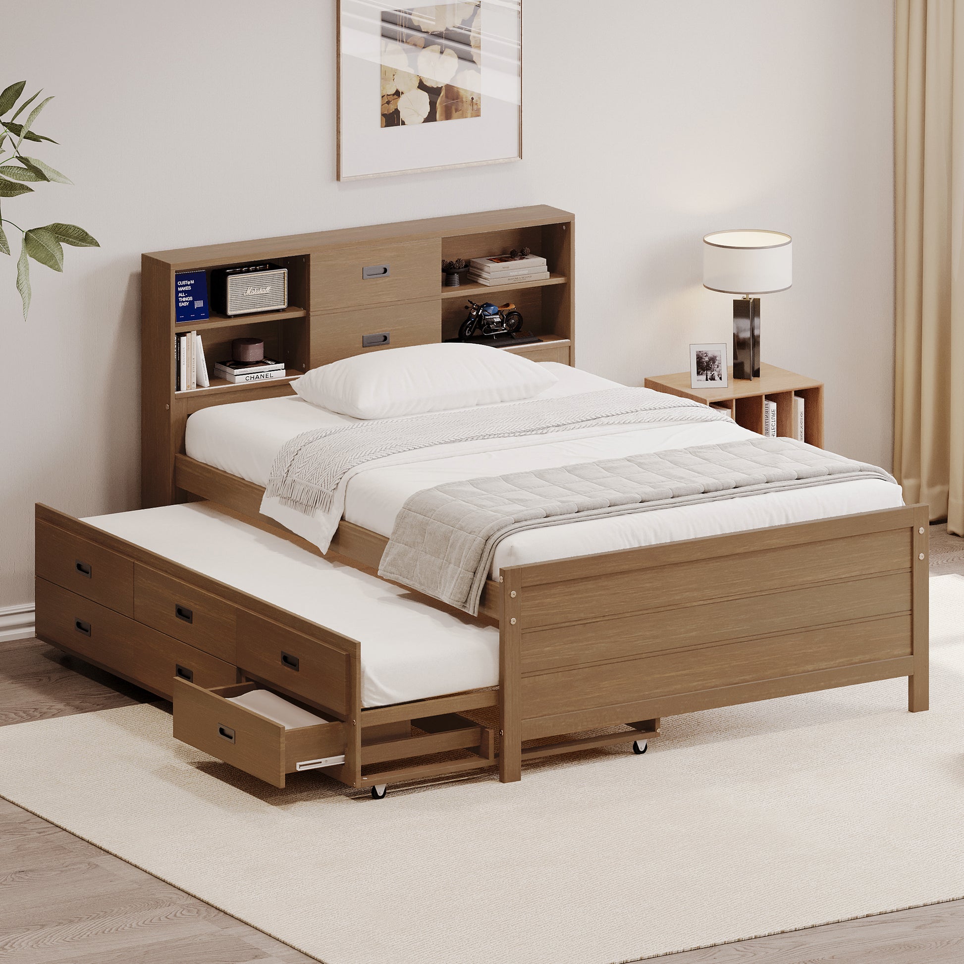 Full Size Captain Bed With Storage Bookcase Headboard,Captain Bed With Trundle And Three Storage Drawers For Kids Teens Dorm Bedroom Multipurpose Guest Room Or Home, Walnut Box Spring Not Required Full Walnut Wood Solid Wood Mdf