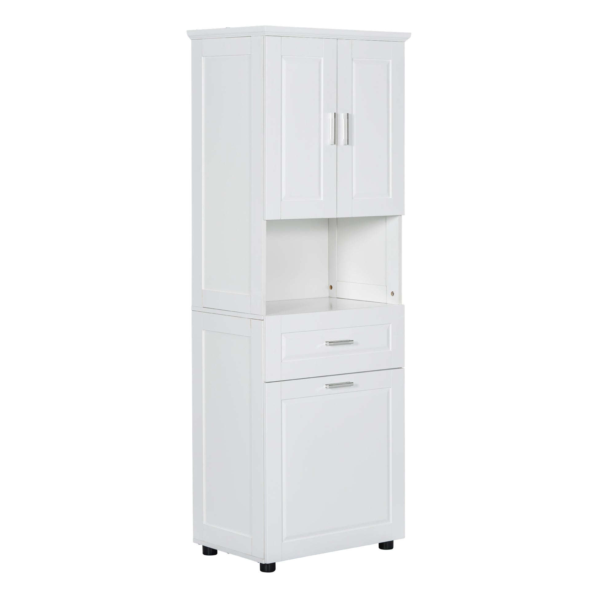 Tall Bathroom Cabinet With Laundry Basket, Large Storage Space Tilt Out Laundry Hamper And Upper Storage Cabinet, White White Mdf