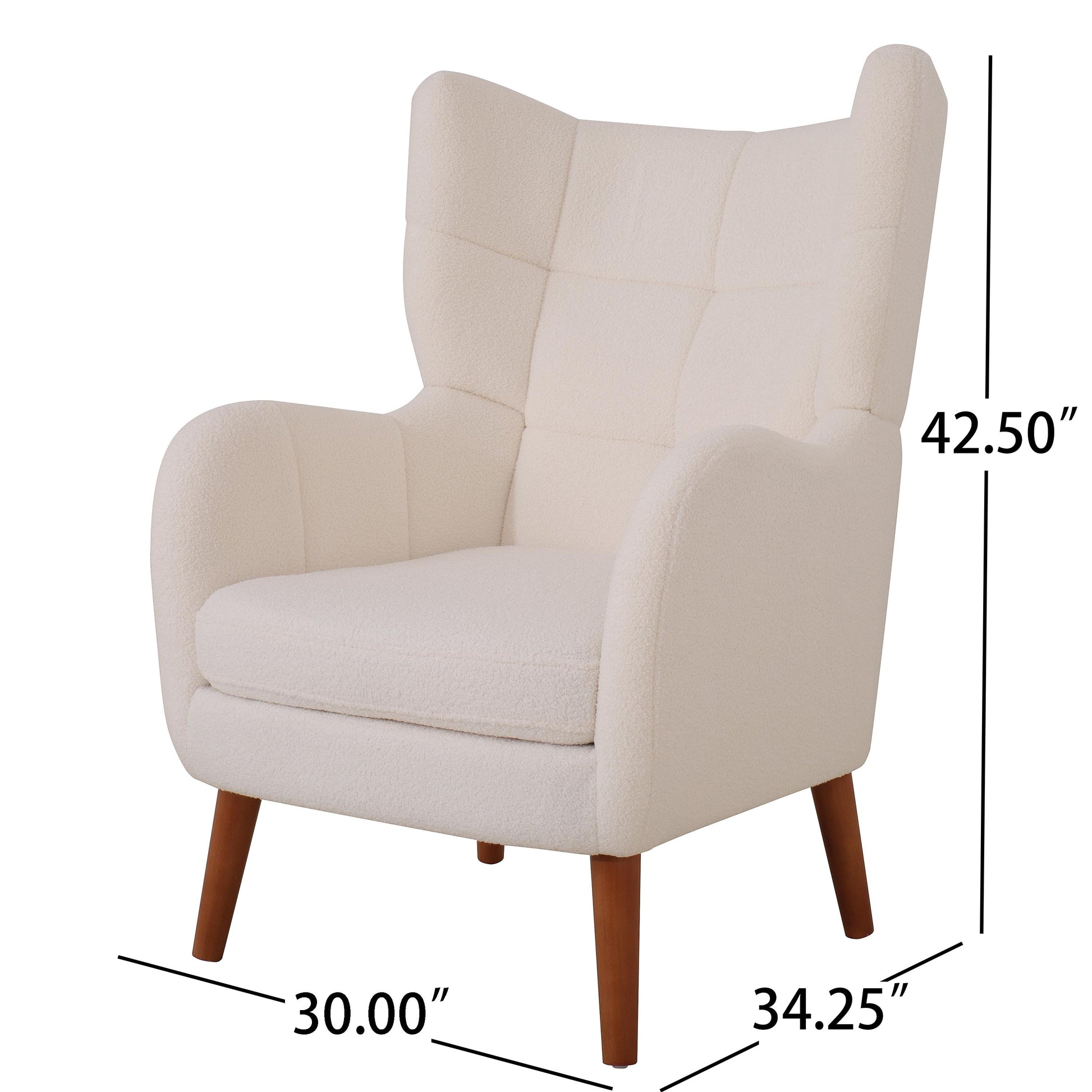 Mid Century Accent Chair, Ivory White, Modern Retro Club Chair, Birch Frame, Upholstered Teddy Wool Fabric, Single Sofa Armchair For Small Spaces, Living Room, Bedroom, Reading Corner, Balcony,Office Ivory White Espresso Primary Living Space