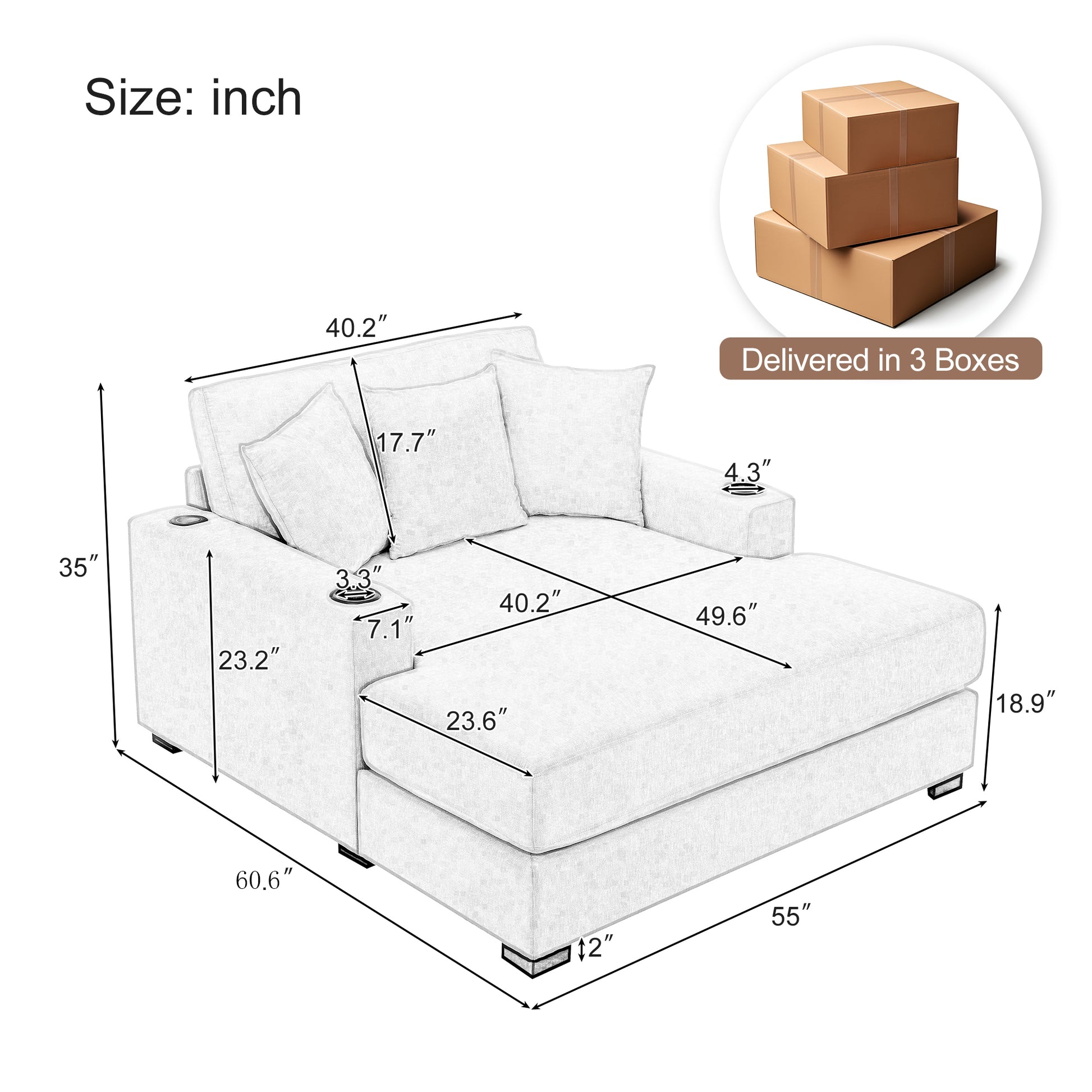 55" Oversized Chaise Lounger Modern Style Sofa Couch ,With Pillows, Charge Station & Cup Holders, Chenille Fabric, Cream Cream Chenille