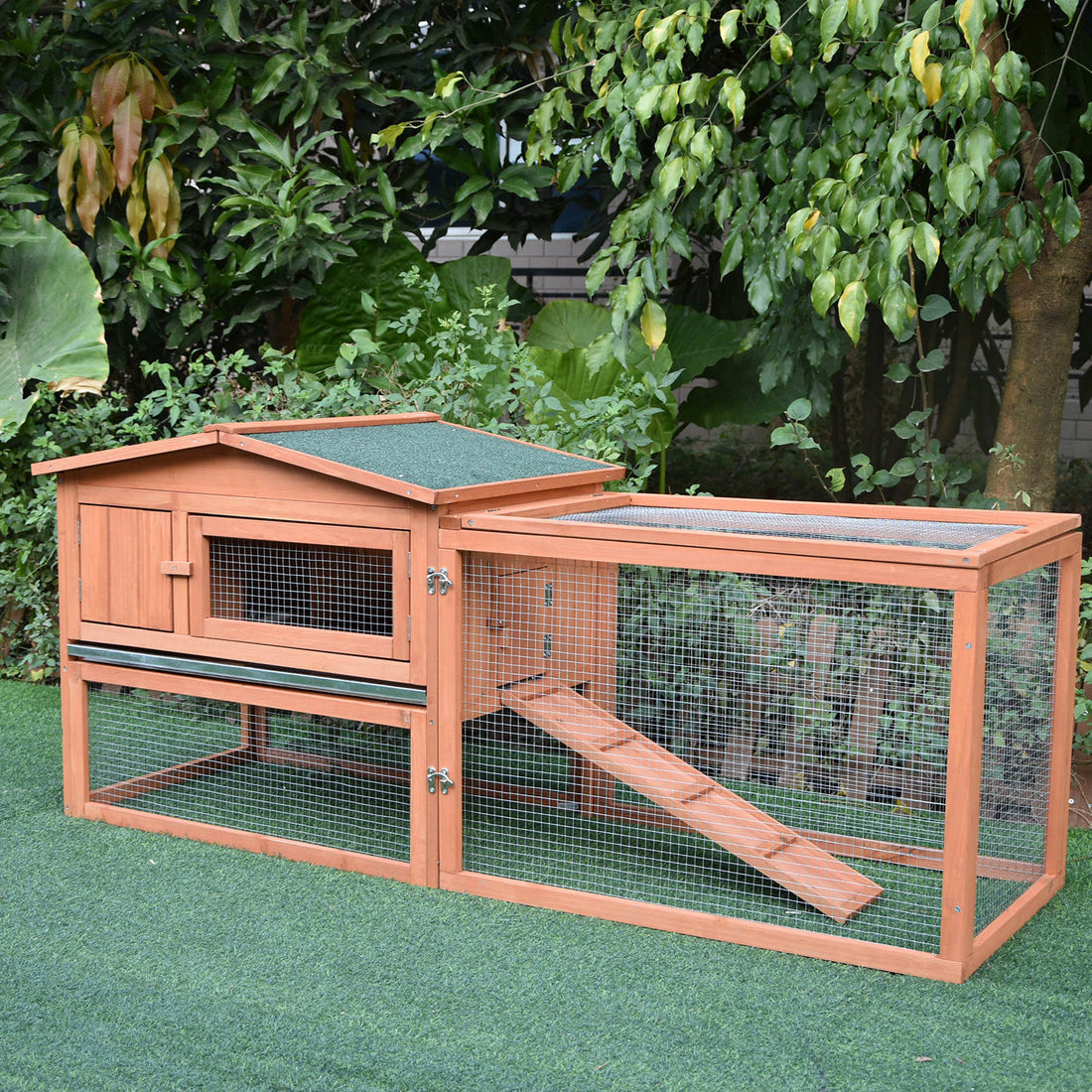 Pawhut Rabbit Hutch 2 Story Bunny Cage Small Animal House With Slide Out Tray, Detachable Run, For Indoor Outdoor, 61.5" X 23" X 27", Natural Natural Wood Wood