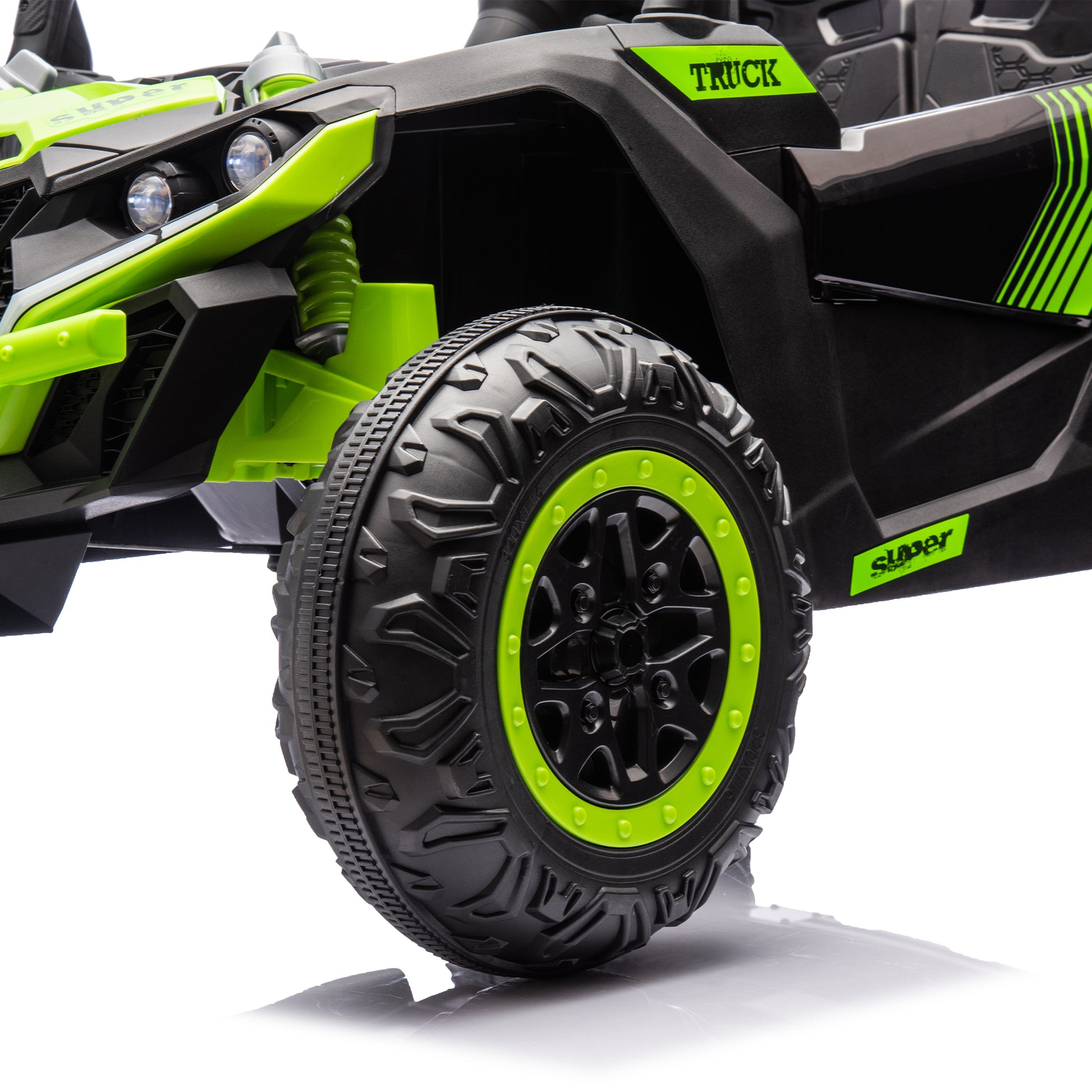 24V Two Seater Kids Ride On Utv W Parents Remote Control,Four Wheel Suspension,Slow Start,Large Wheel Design,Anti Collision Bar,Storage Space,Music,Usb,Bluetooth,Volume Control,Led Lights For Kids 3 . Green 100 149 Lbs Polypropylene