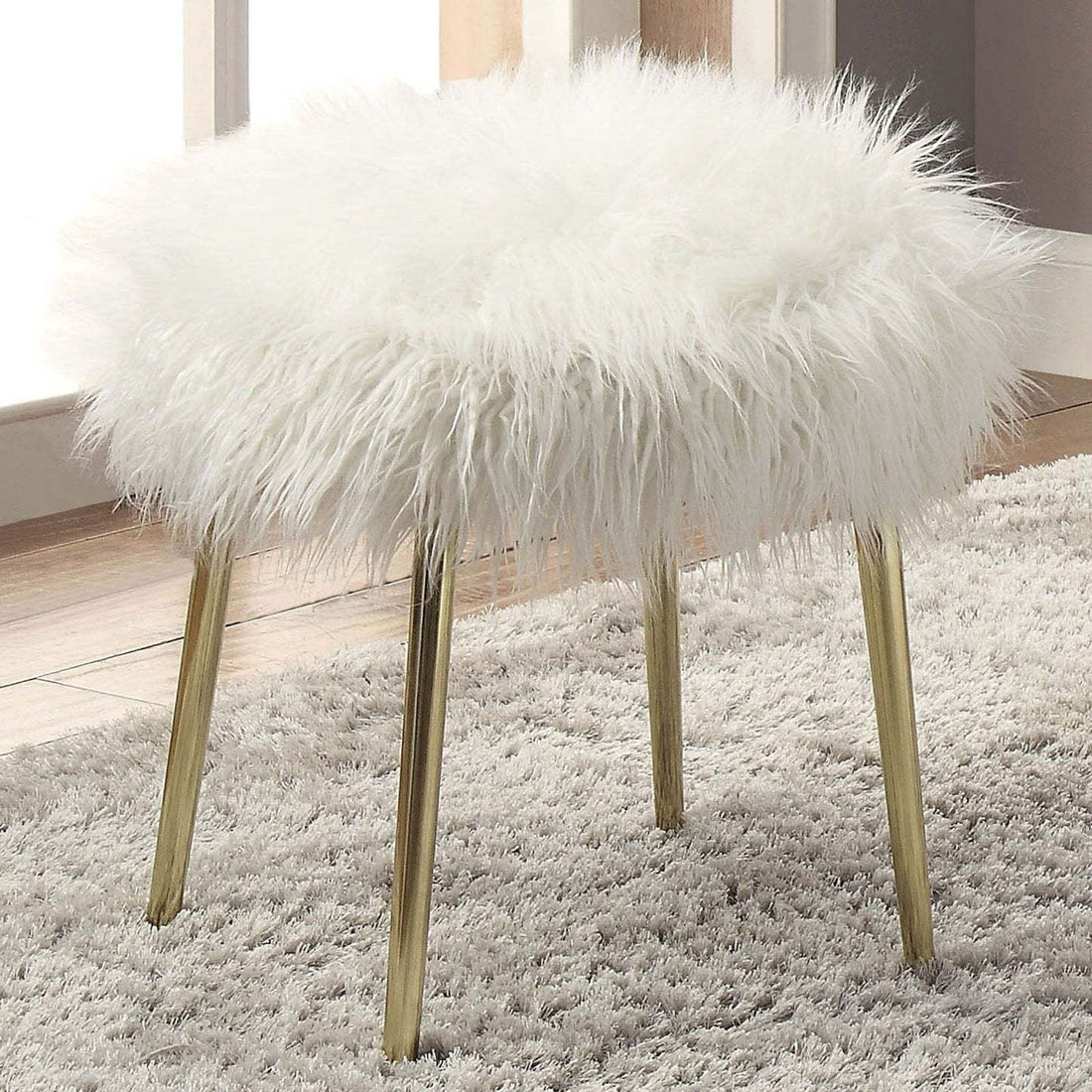 Contemporary Glam White Gold Fabric Faux Fur 1Pc Ottoman Upholstery Living Room Ottoman Seat White Gold Primary Living Space White Classic,Contemporary Square Solid Wood