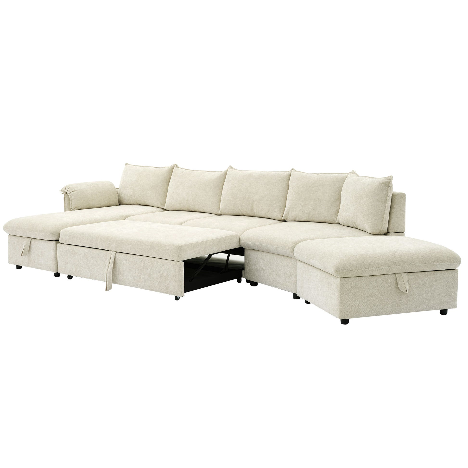 146.9" L Shaped Sofa Sectional Sofa Couch Pull Out Sofa Bed With A Movable Storage Ottoman, A Storage Chaise Lounge And Two Usb Ports For Living Room, Beige Beige Foam Linen 5 Seat