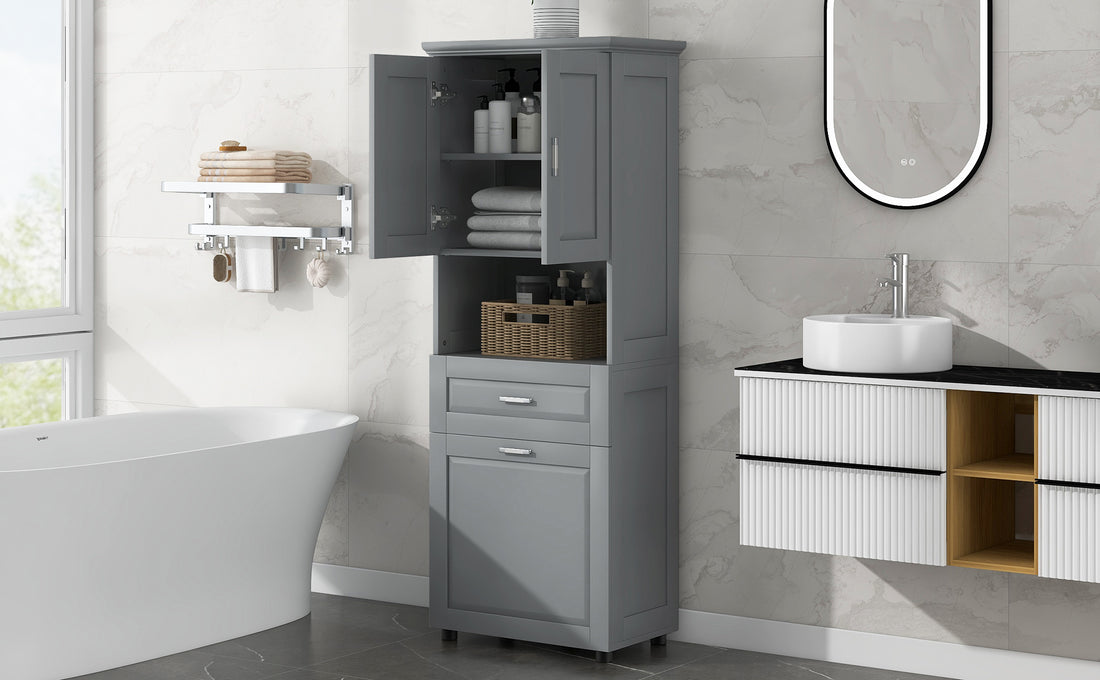 Tall Bathroom Cabinet With Laundry Basket, Large Storage Space Tilt Out Laundry Hamper And Upper Storage Cabinet, Grey Grey Mdf