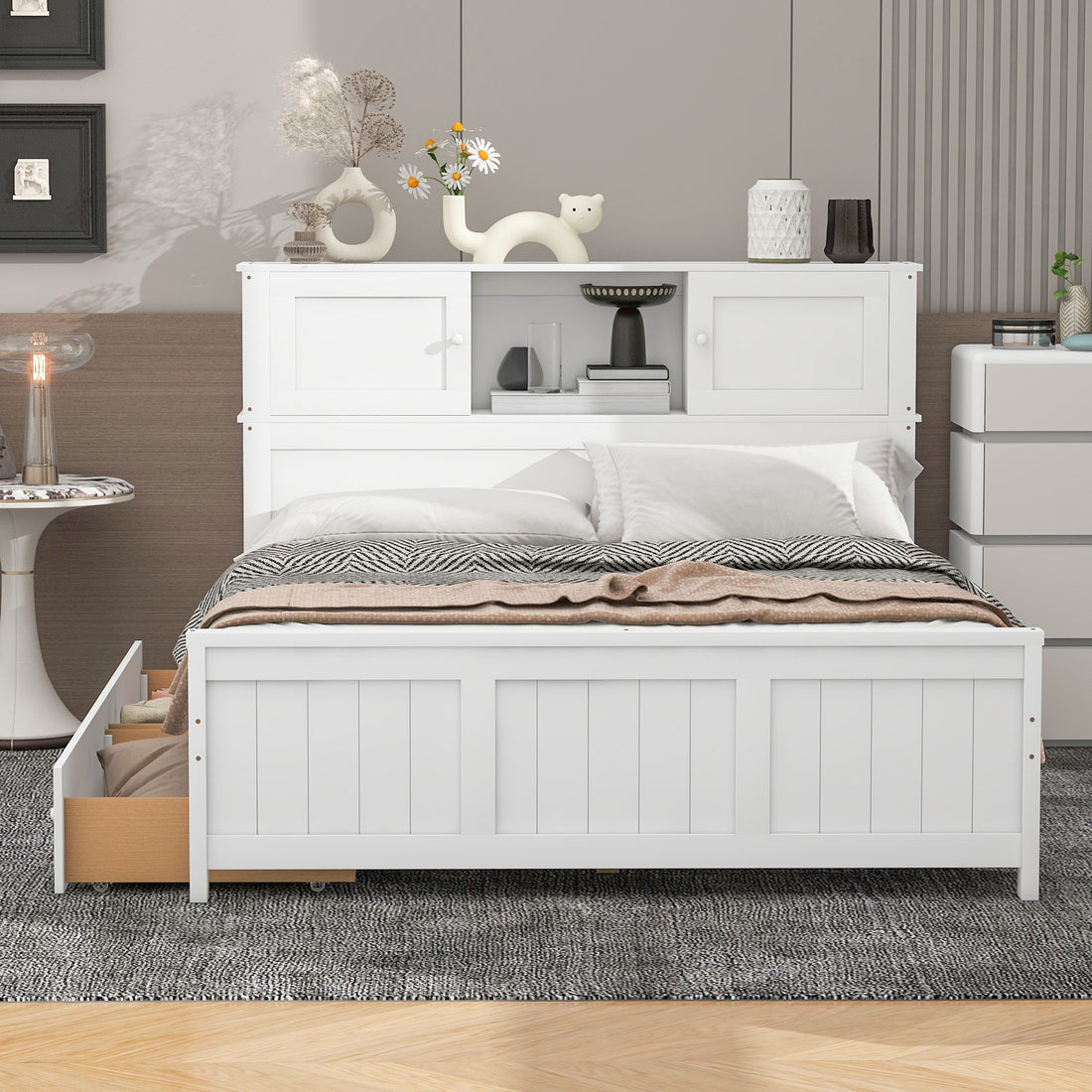 Full Size Platform Bed With Storage Headboard And Sliding Door,2 Drawers, White Full White Solid Wood Mdf